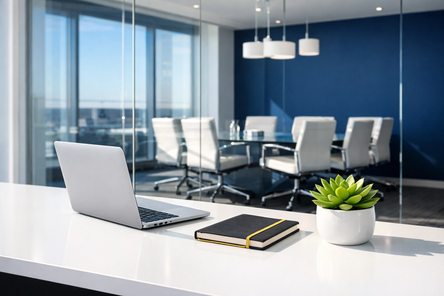 Immaculate Gloucester office workstation featuring a clean white desk and streak-free glass conference room walls.