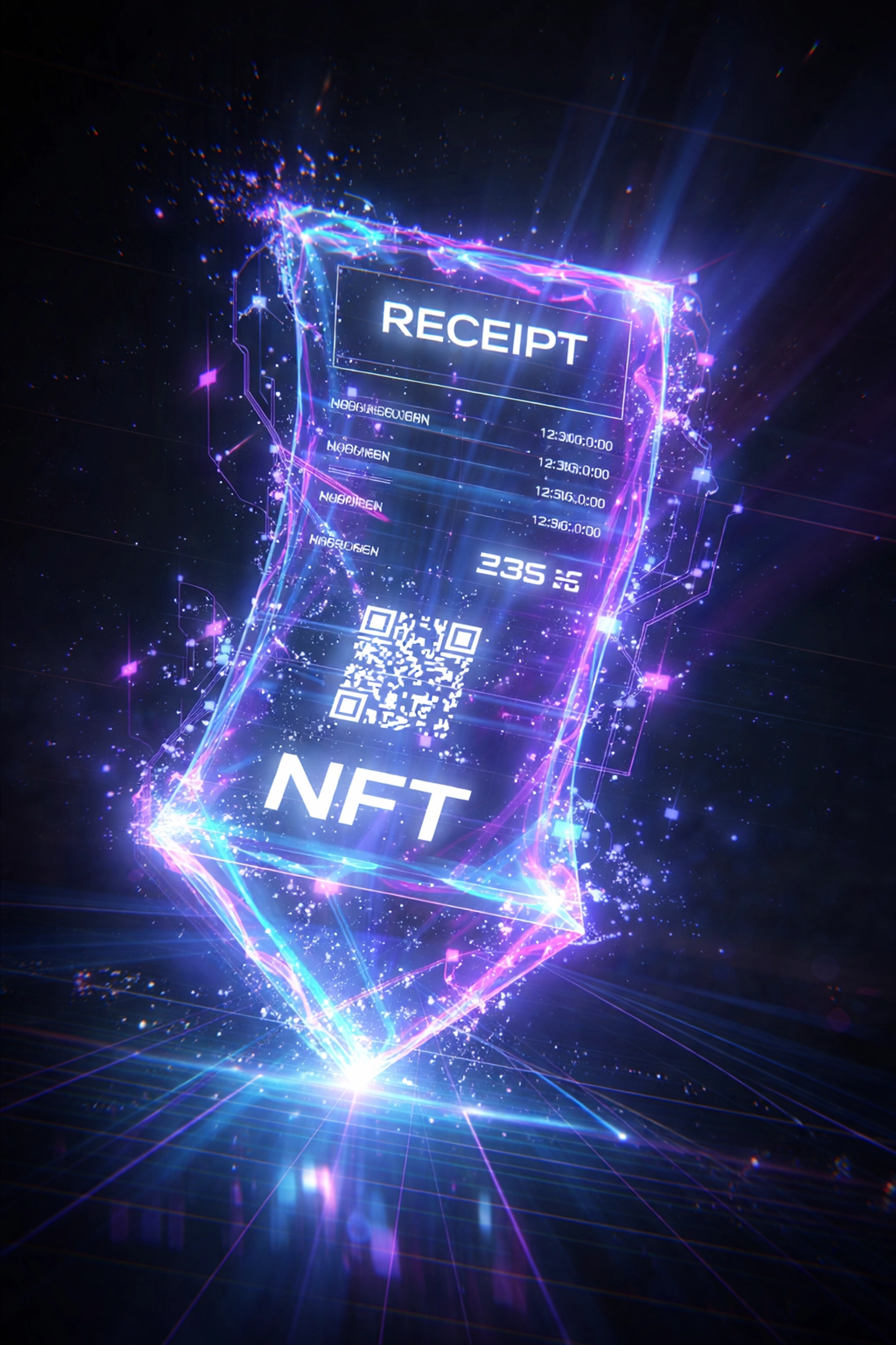NFT receipt floating on blockchain network representing permanent transaction records for crypto merchants