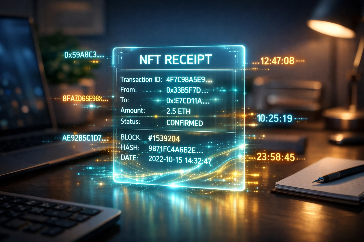 NFT receipt showing immutable blockchain transaction proof and audit trail