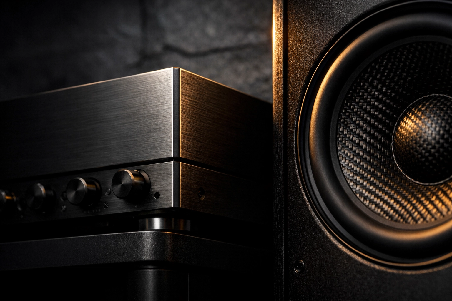 High-end multi-channel amplifier and premium speakers on an audio equipment rack.