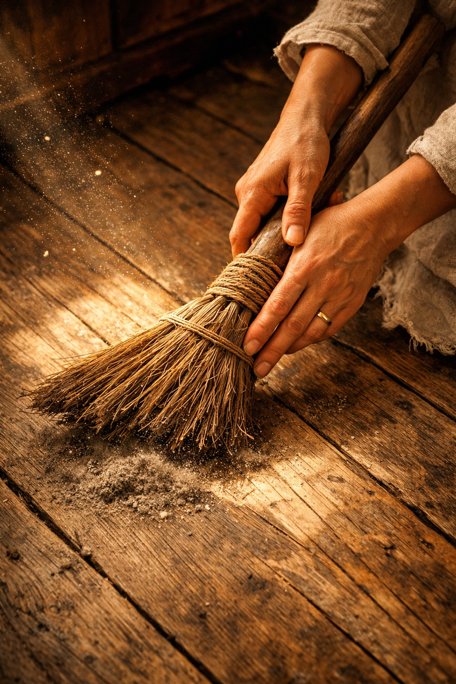 Sweeping wooden floors with traditional broom for spring domestic magic