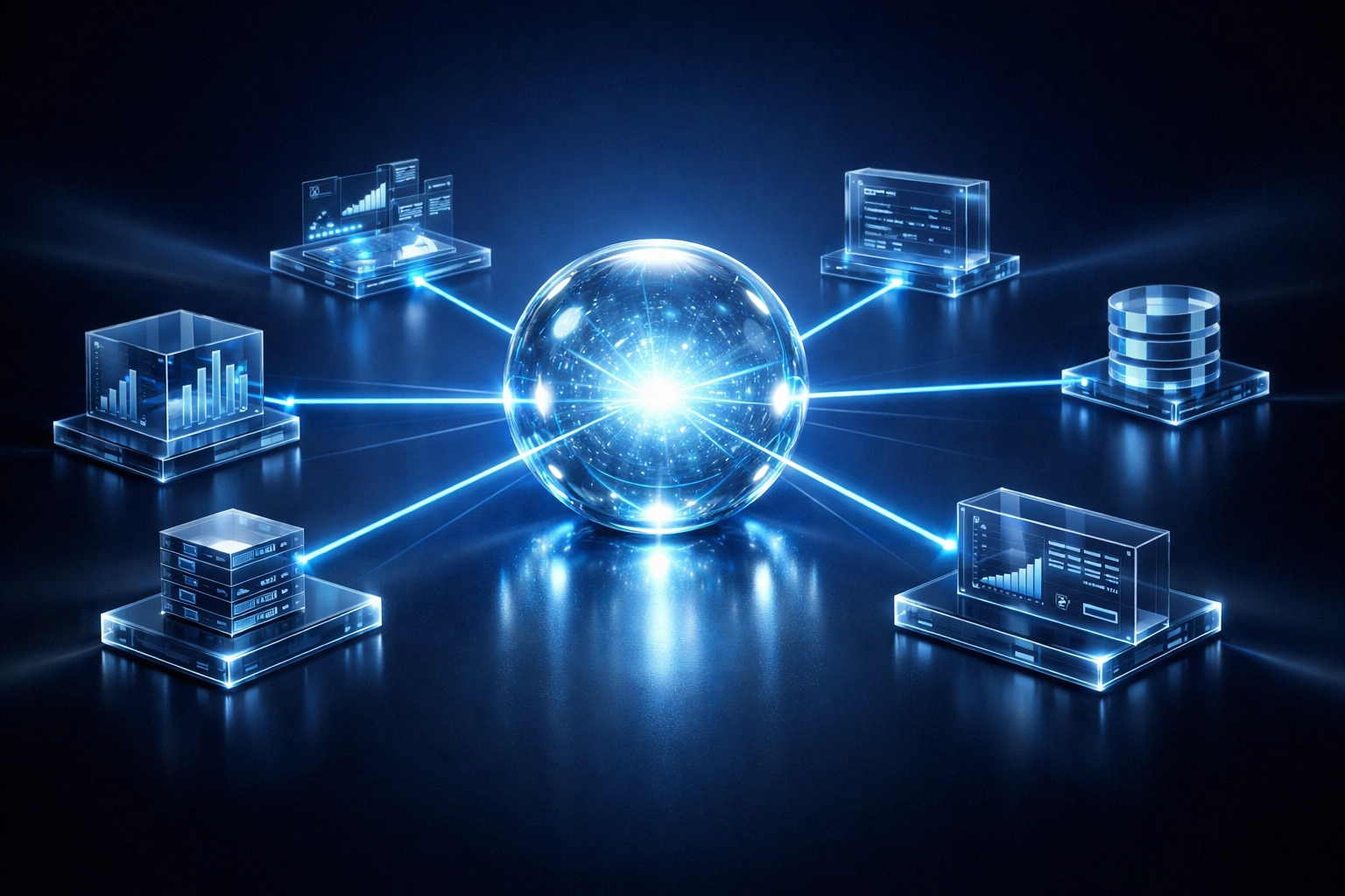 Unified business core connecting data modules for integrated AI-powered software architecture.