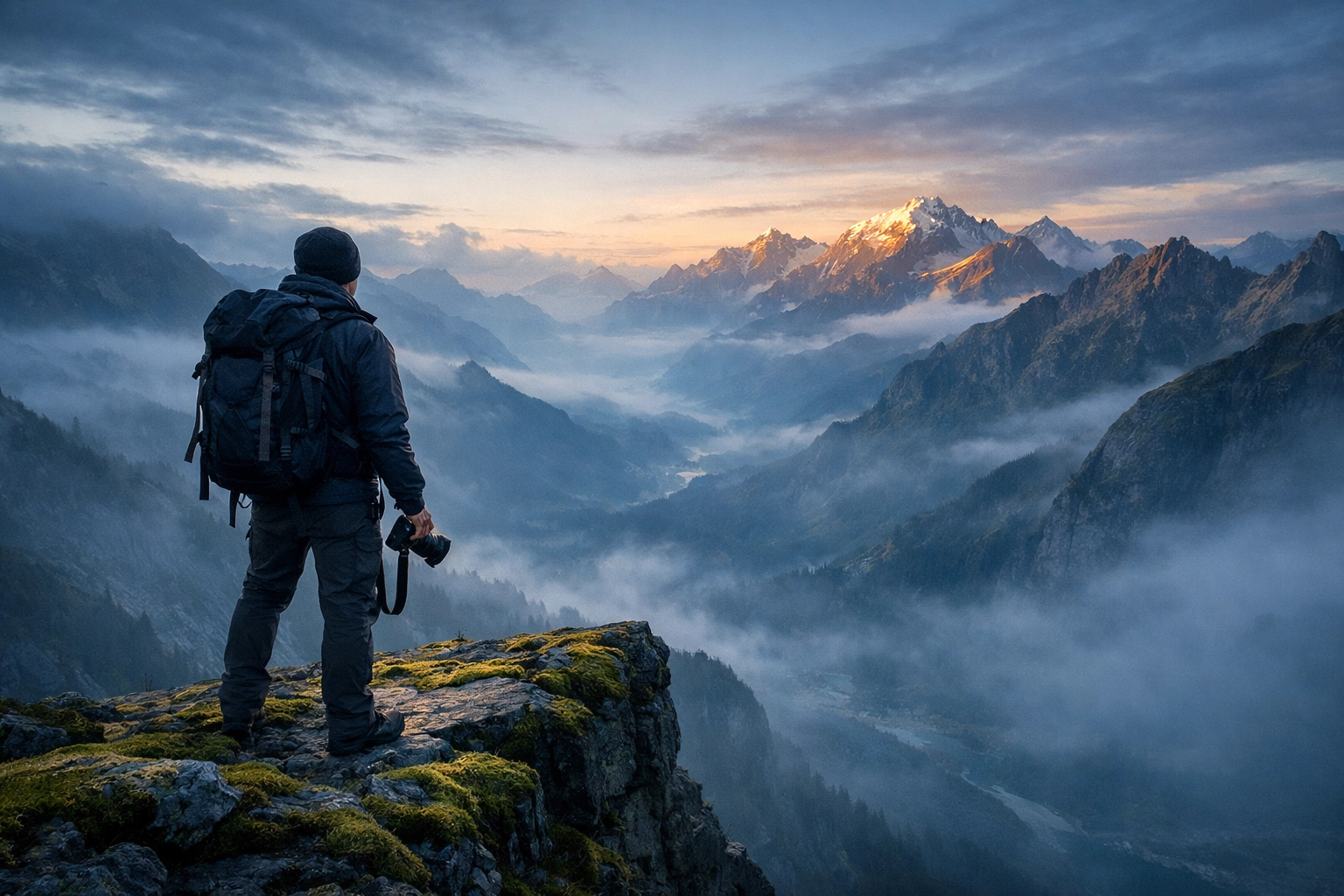 A photographer on a mountain cliff at dawn scouting the best photography locations for landscape shots.