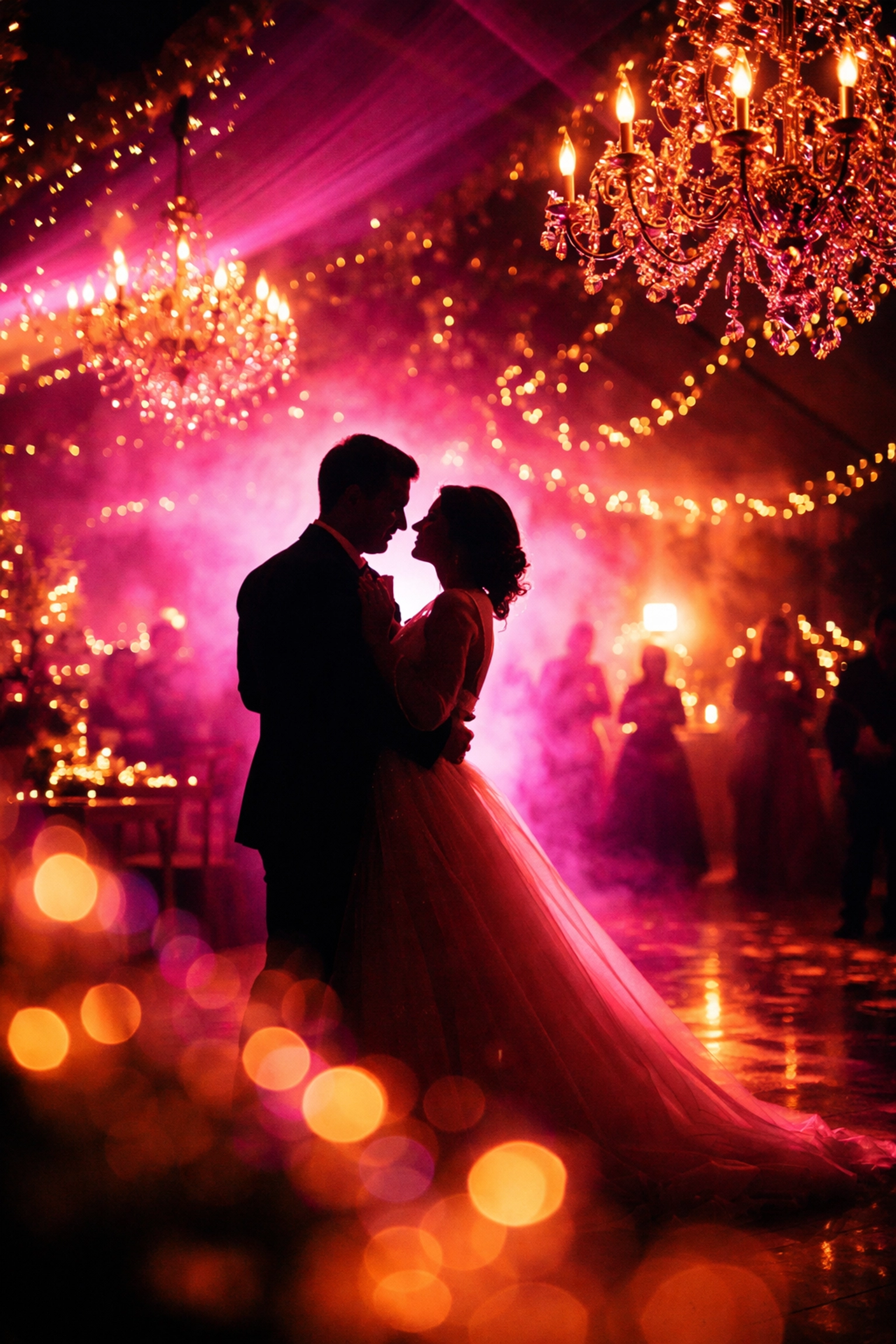 Couple dancing on a romantic wedding reception floor with vibrant pink and gold lighting, capturing the emotional impact of music at weddings.