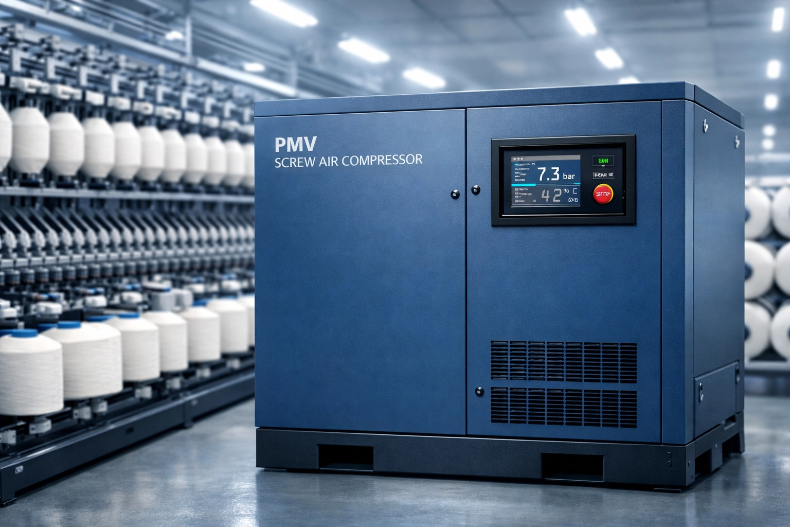 Energy-saving PMV screw air compressor system for textile manufacturing, reducing operational costs in spinning mills.