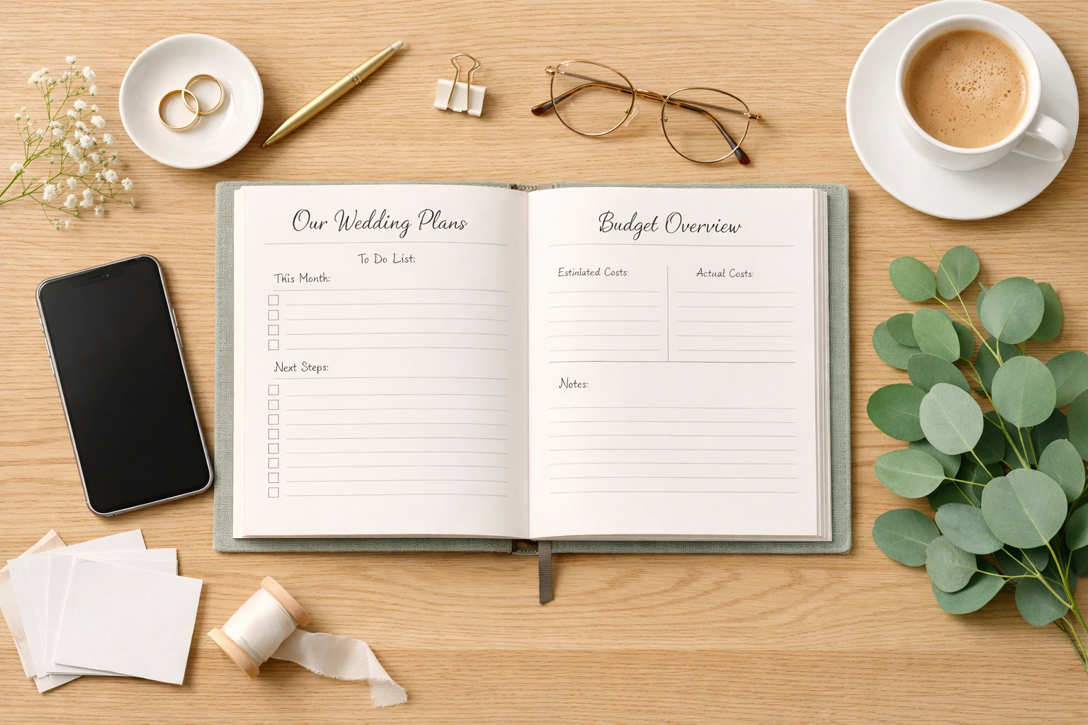 Modern wedding planner with a smartphone used for managing digital rsvps and budgets.