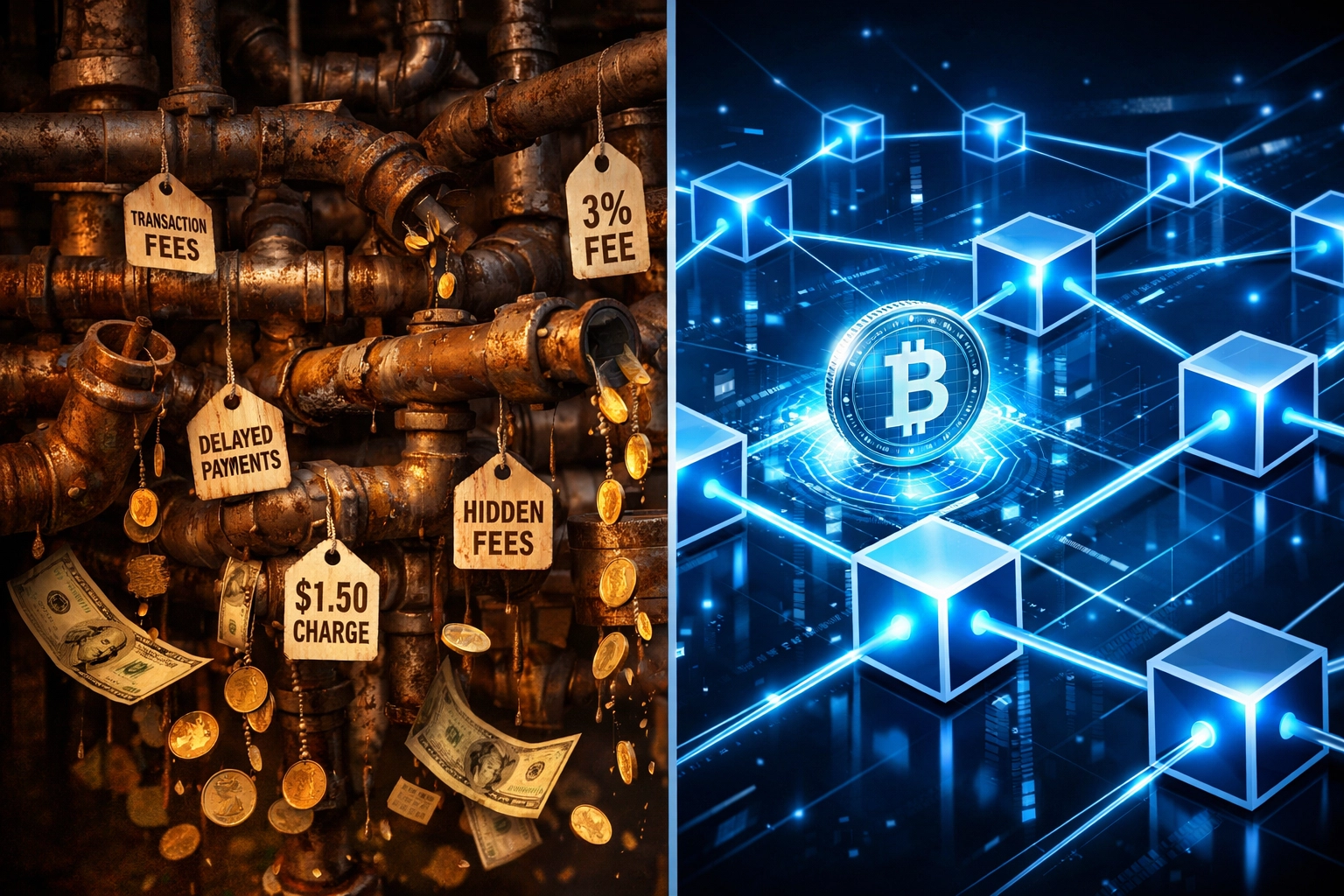 Traditional payment rails versus blockchain infrastructure comparison showing cost savings