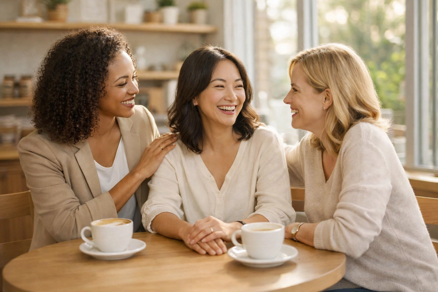 Three professional women connecting and supporting each other over coffee in Denver