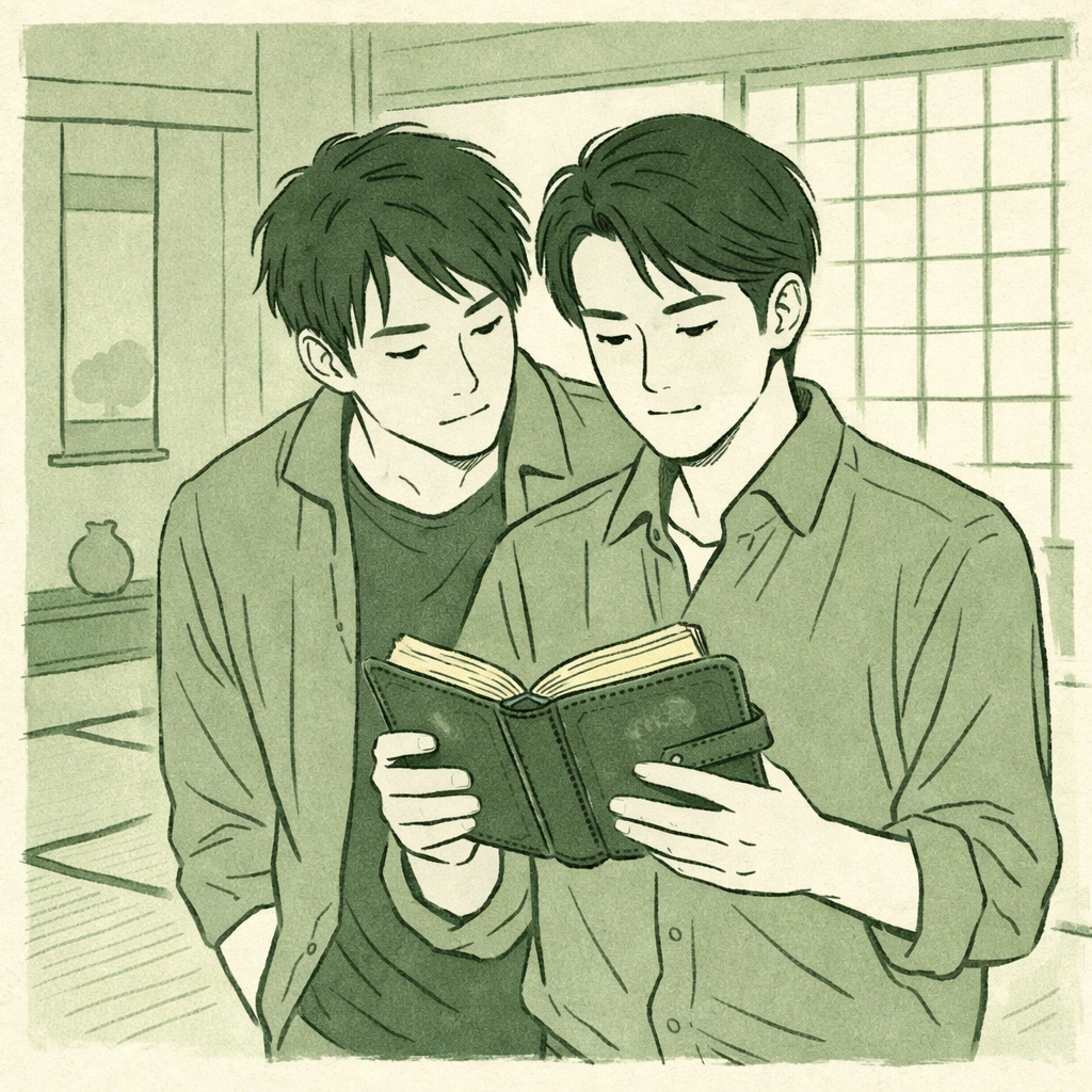 Two gay Japanese men discover an ancestral samurai diary in a traditional tatami room