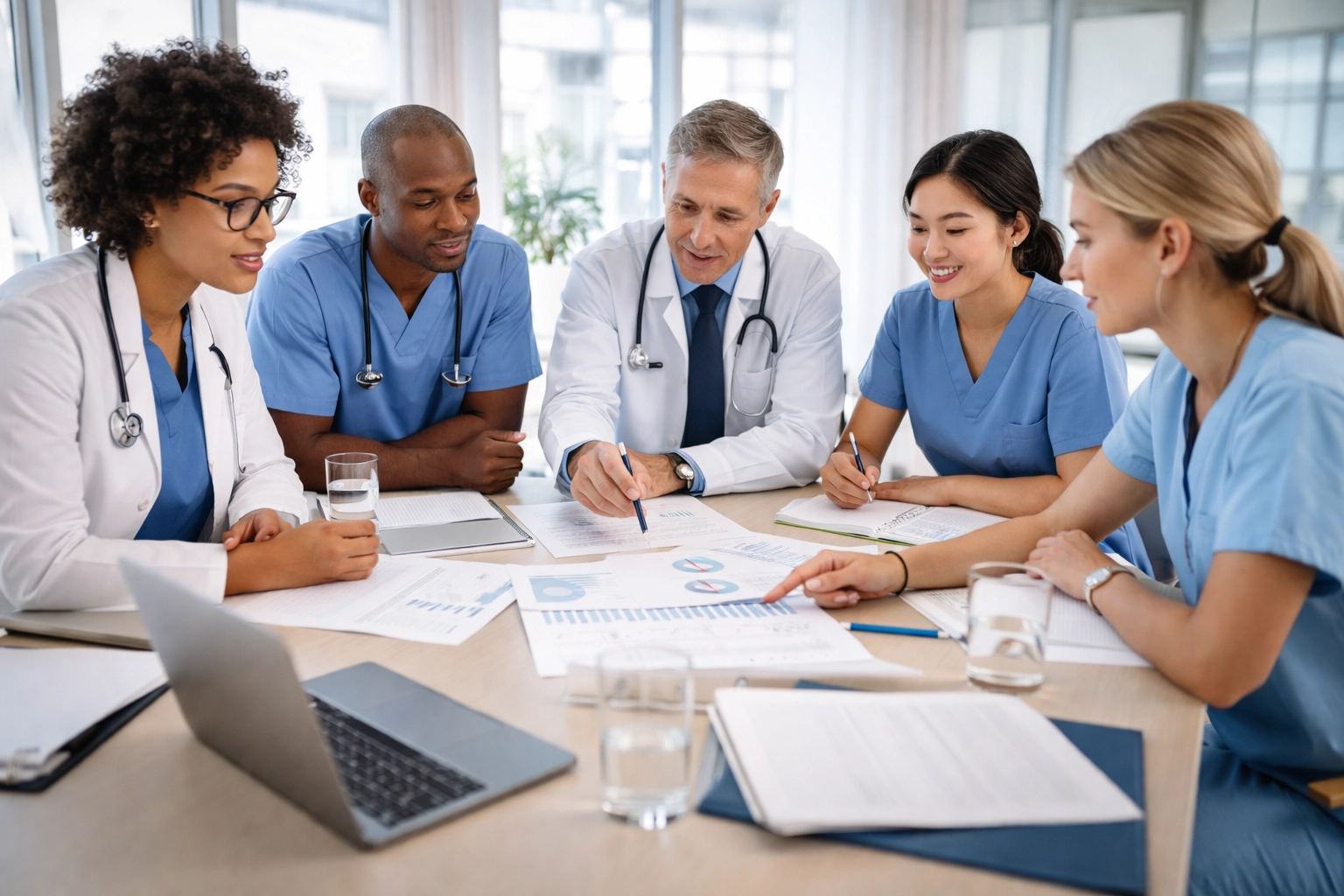 Diverse clinical team meeting in a bright office, planning effective EHR and clinical decision support integration strategies.