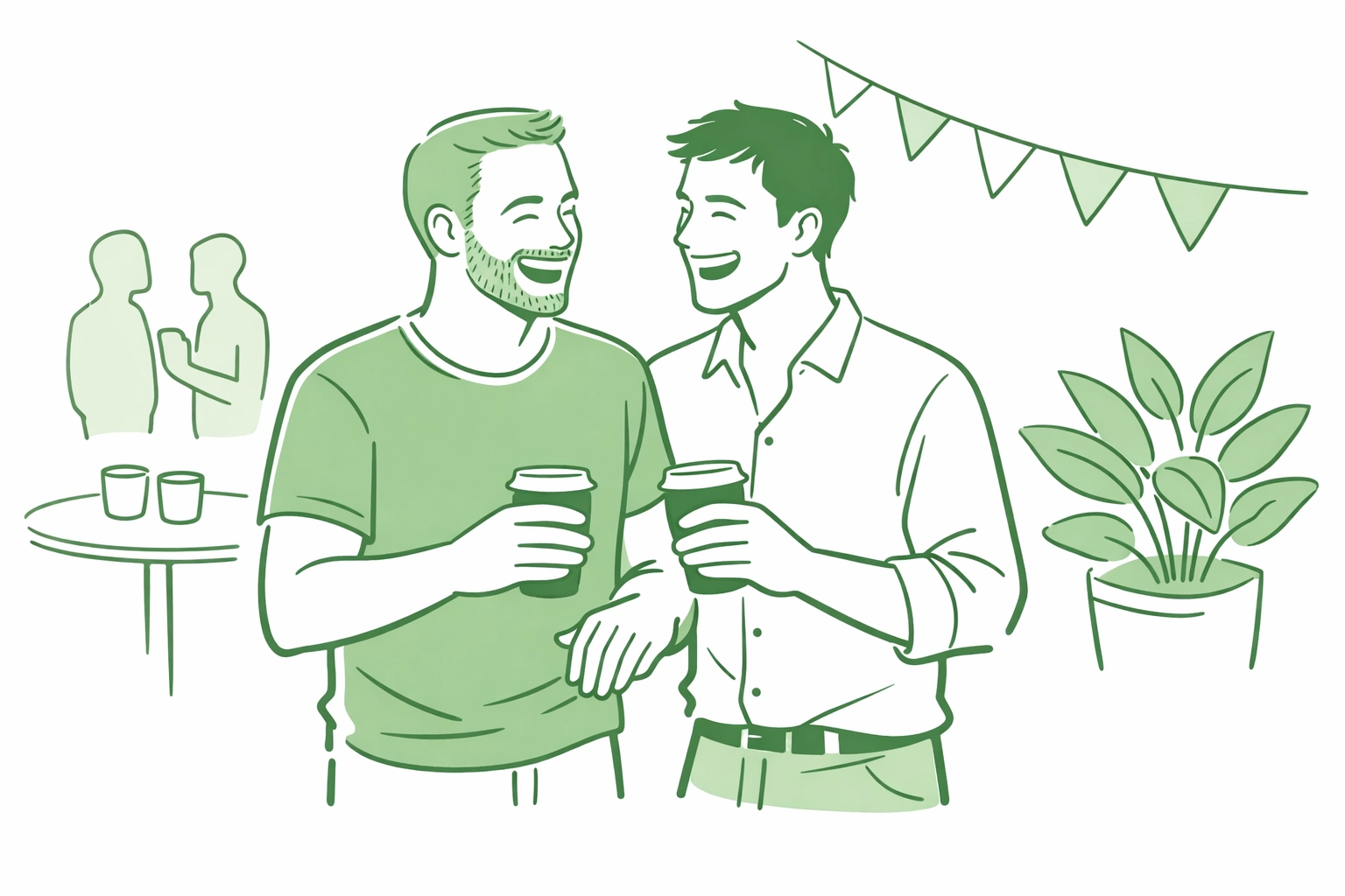 Two gay men connecting over coffee at a queer community event, fostering chosen family relationships.
