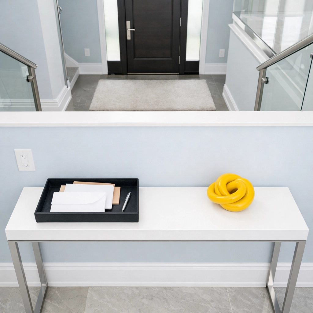 Organized and clutter-free luxury entryway showing the results of professional weekly cleaning services.