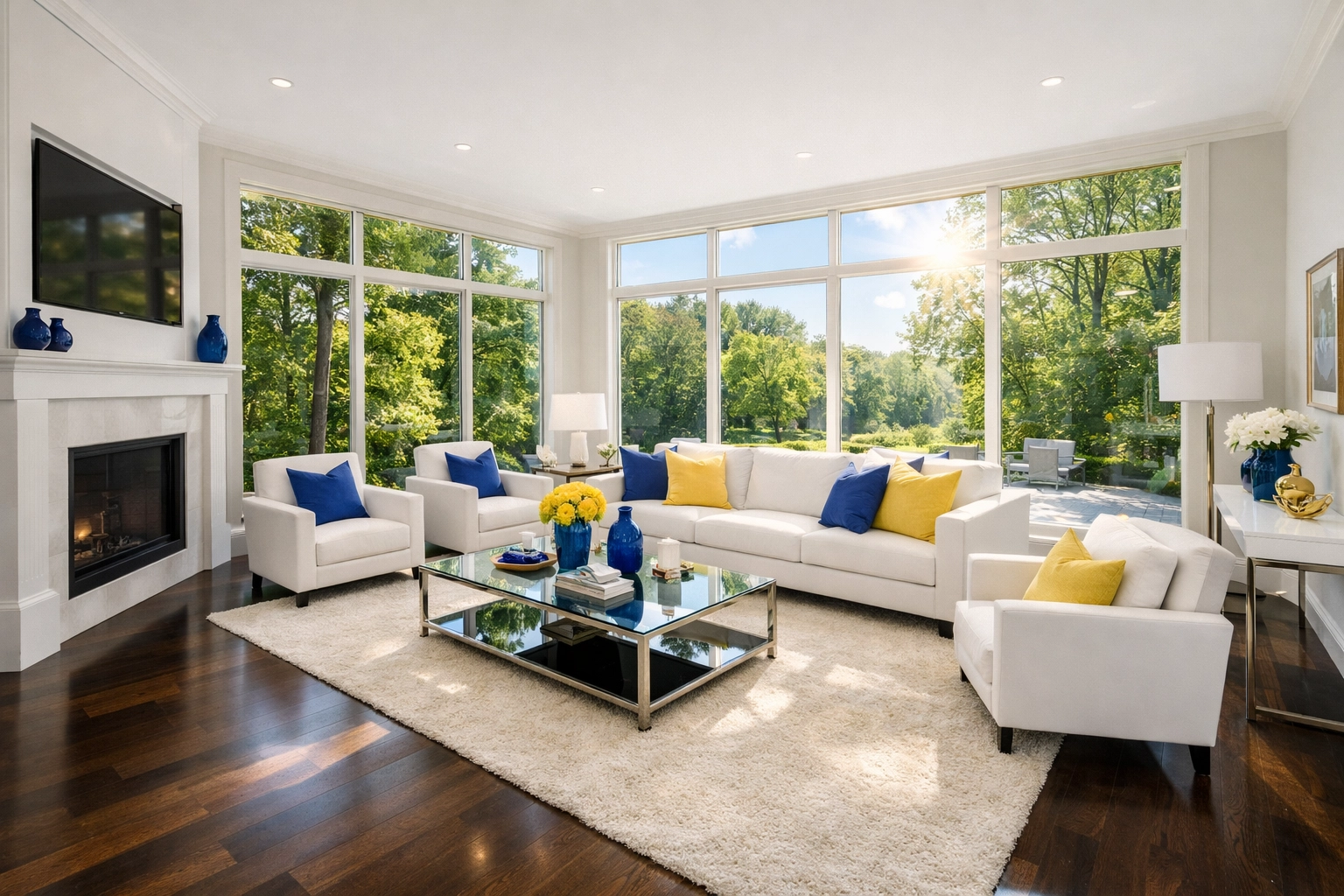 Pristine Westborough living room with high indoor air quality from eco-friendly recurring house cleaning.