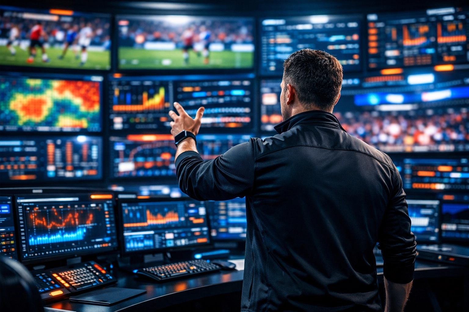 Modern marketing command center showing real-time Super Bowl analytics and NIL athlete engagement data.