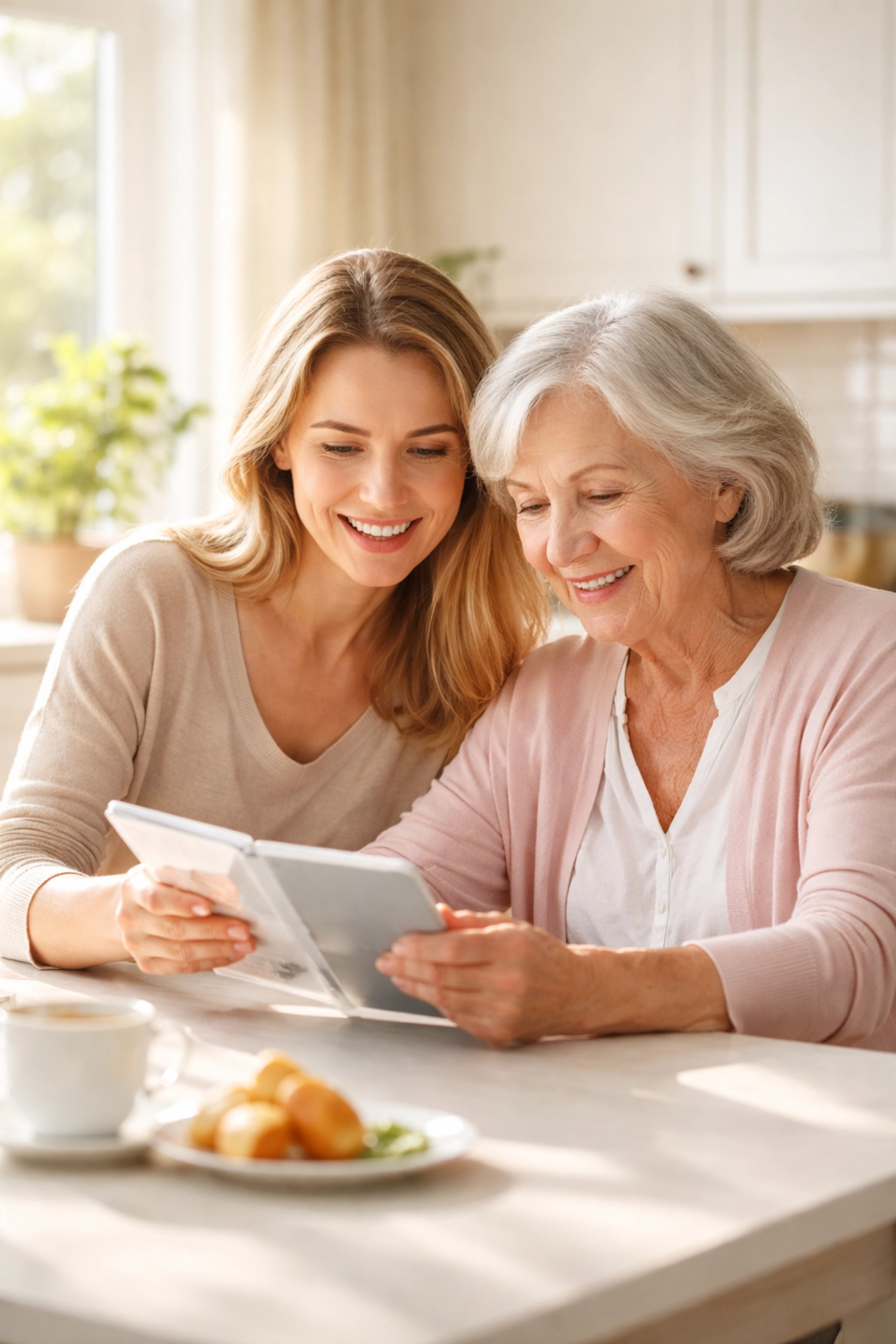 Adult daughter and elderly mother discussing assisted living options at a bright Sarasota kitchen table