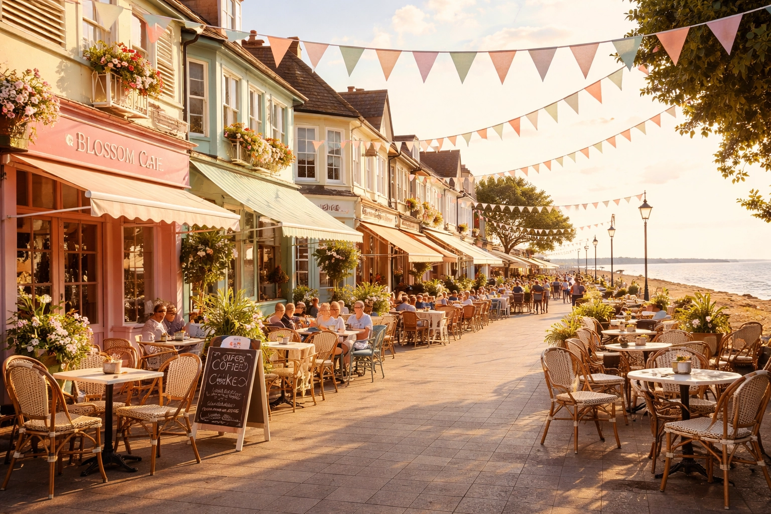 Felixstowe seafront promenade with charming cafes and restaurants, ideal places to eat lunch in Felixstowe