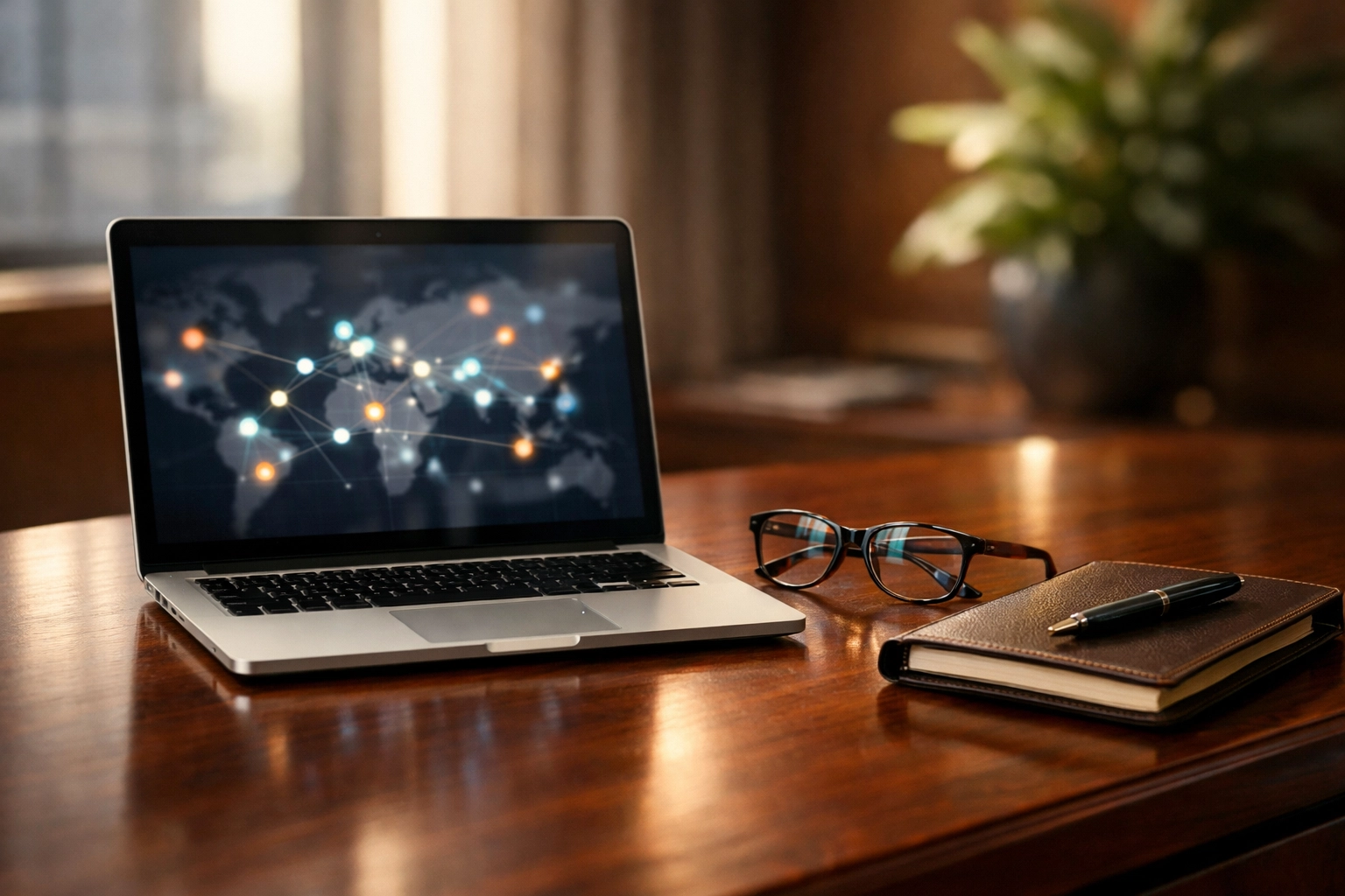 Professional digital investigation setup with laptop showing data nodes for international asset tracing.