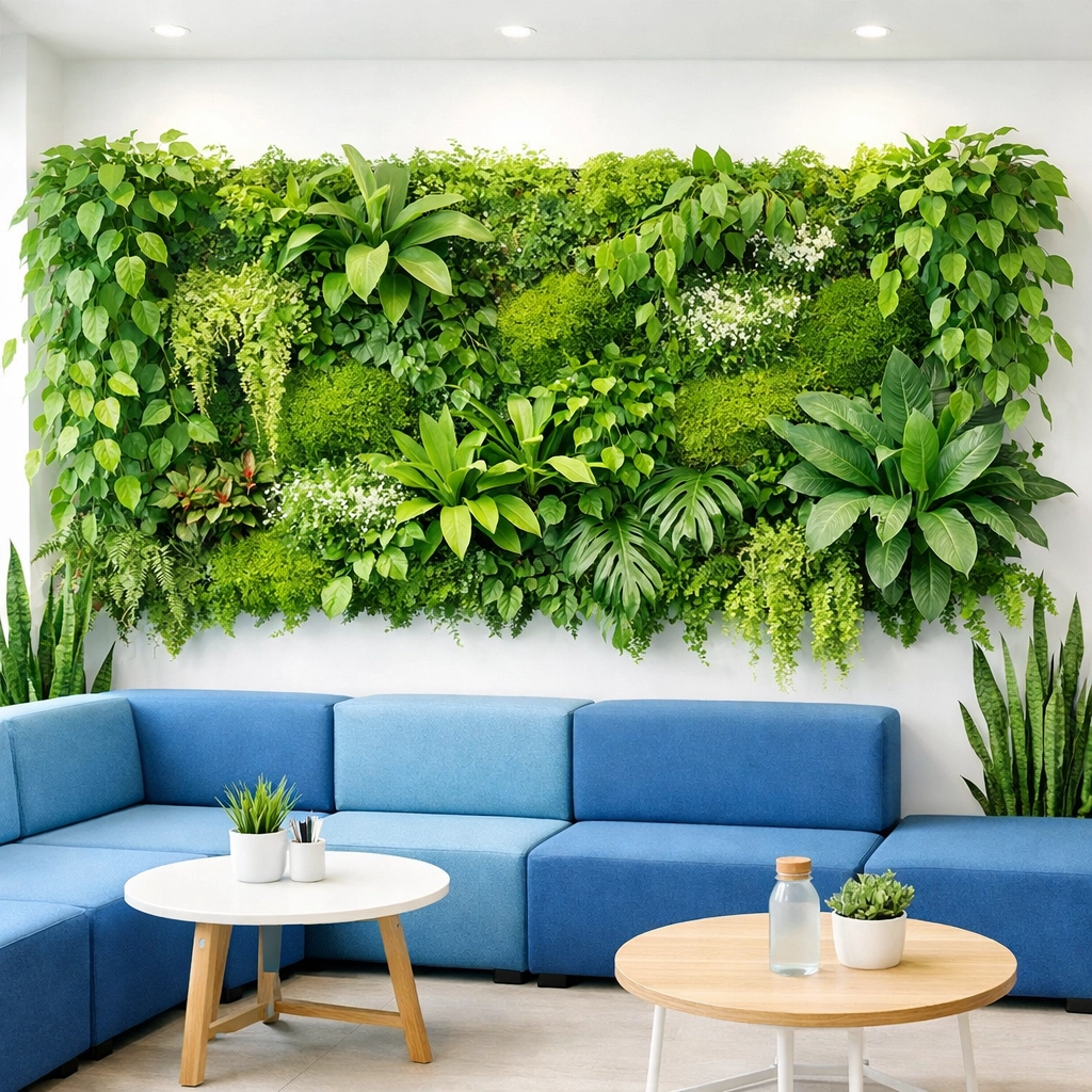 A healthy Acton office environment with a living wall, showcasing the benefits of professional janitorial services.