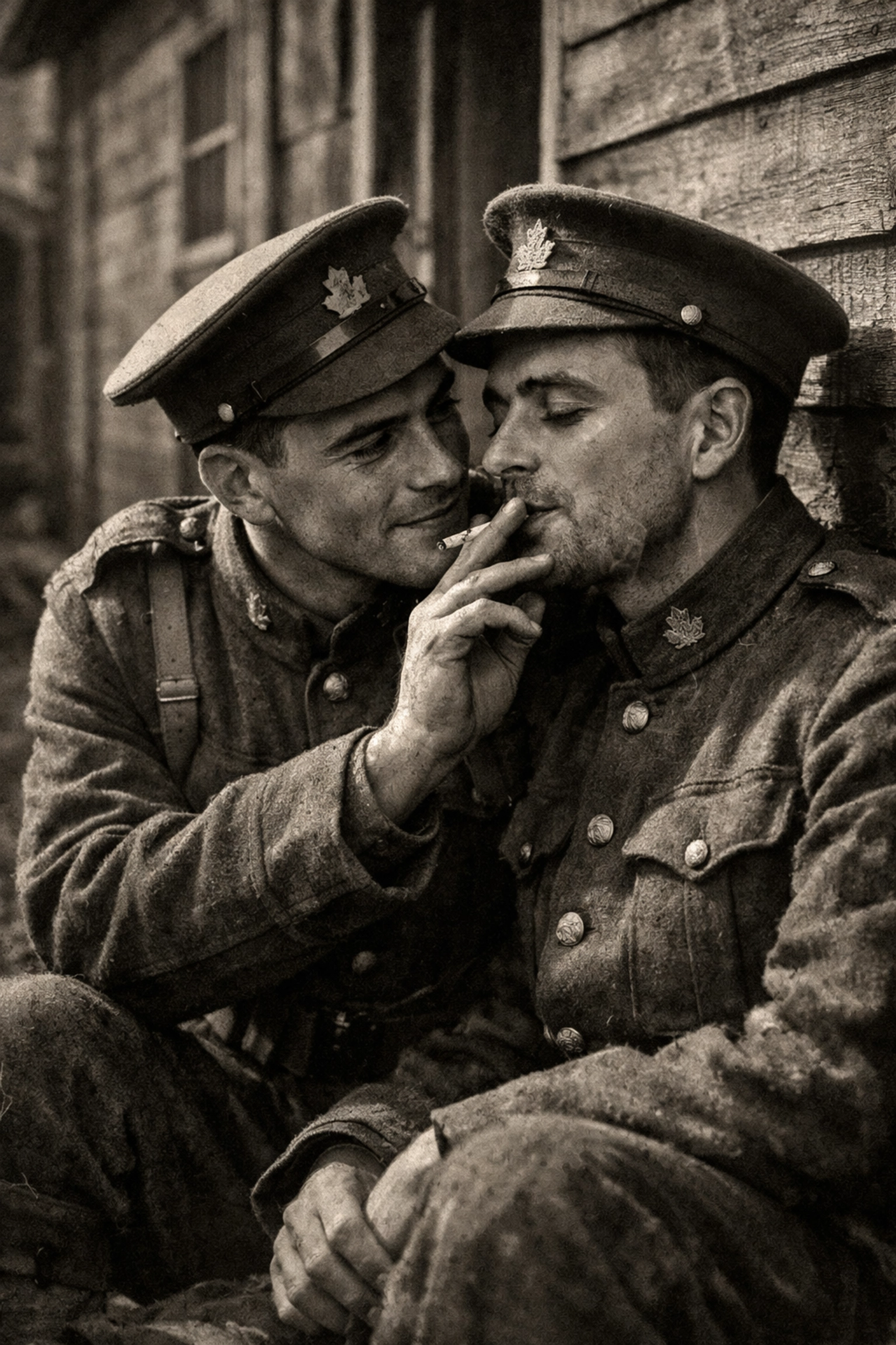 WWI soldiers share affectionate moment outside Canadian military barracks during training