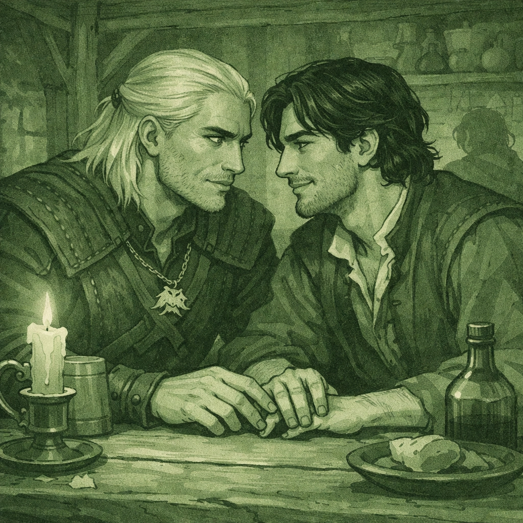Witcher and companion sharing intimate tavern moment - gay fantasy romance illustration
