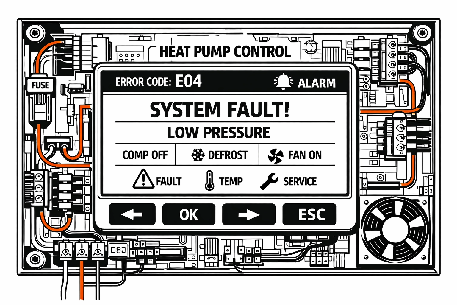 Wärmepumpen-Steuerung mit Fehlercodes und Systemanzeige