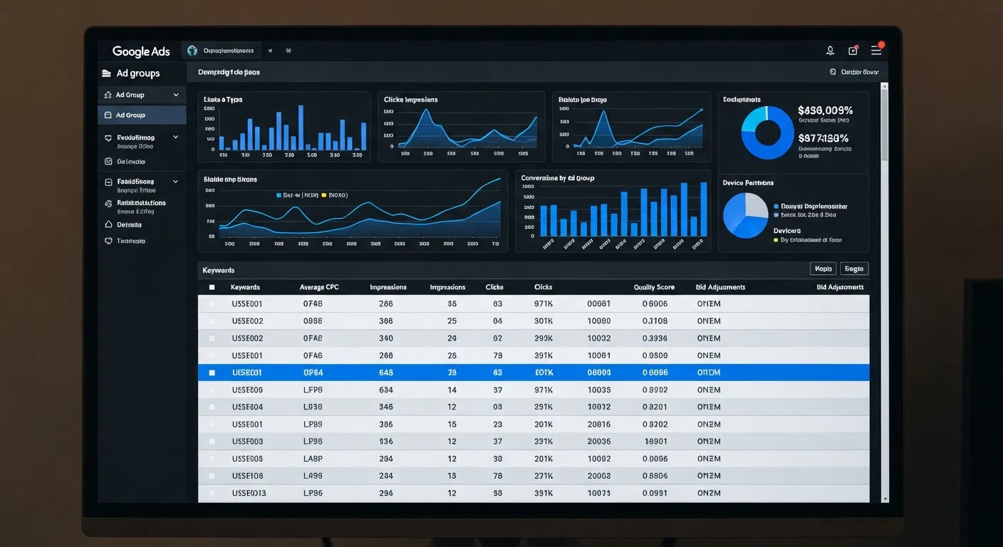 A Google Ads dashboard displaying campaign performance metrics including clicks, conversions, and cost breakdown for a local service provider.