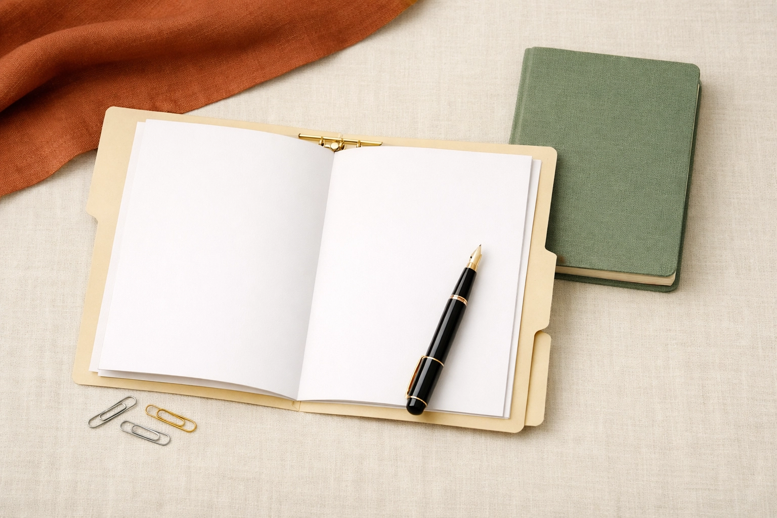 Property settlement agreement review materials on a terracotta, sage, and cream Business Boho desk with organic textures.