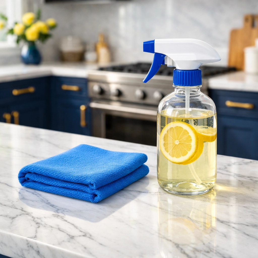 Eco-friendly luxury cleaning for your Hamilton estate using non-toxic products on marble kitchen surfaces.