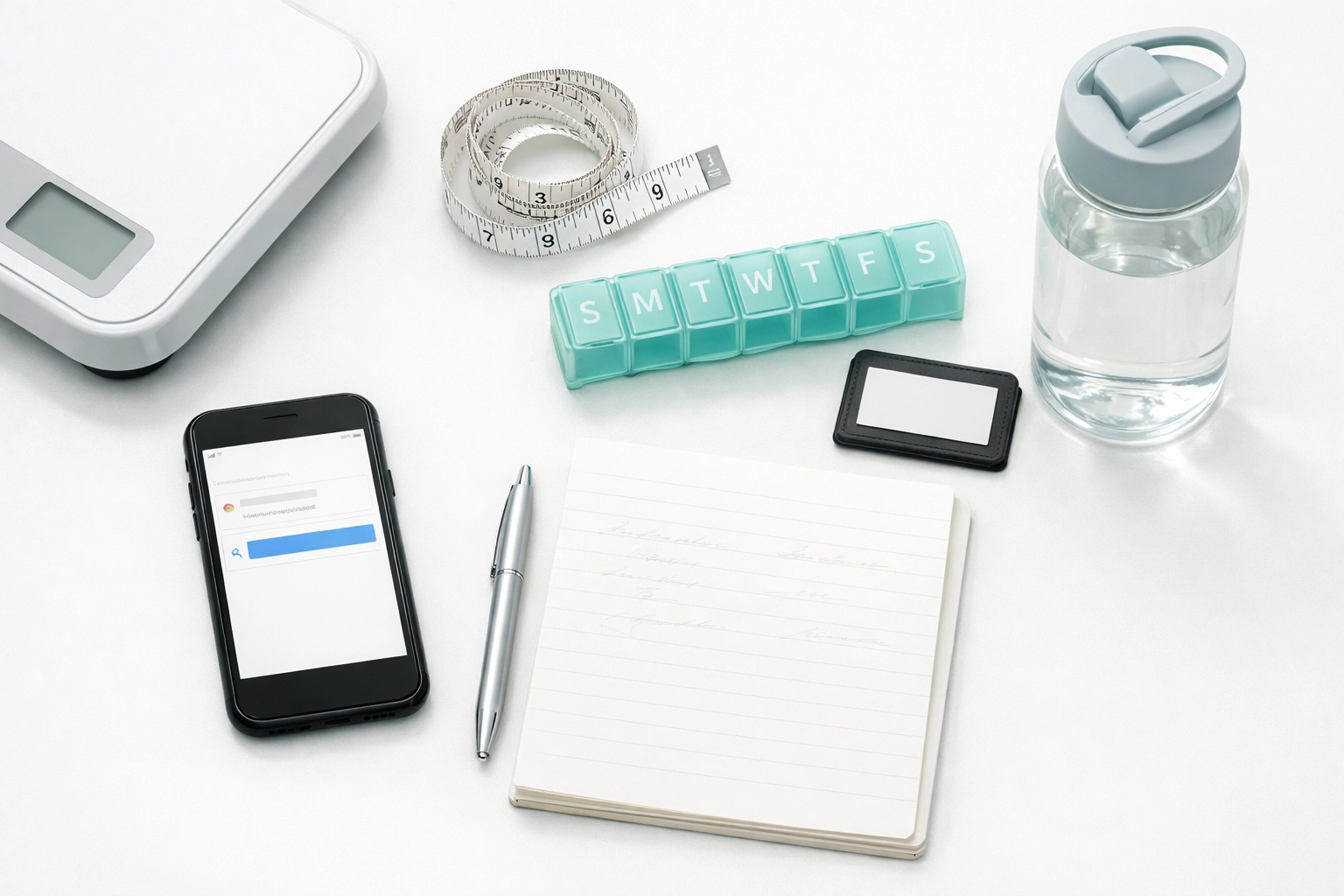 Medical weight-loss assessment tools including a scale and smartphone for a telehealth appointment.