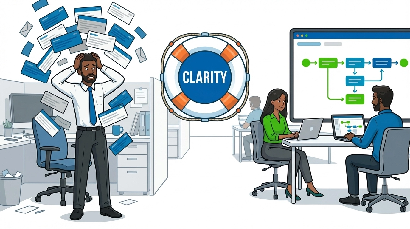 Cartoon MSP dispatcher building an automation bridge over a sea of support tickets