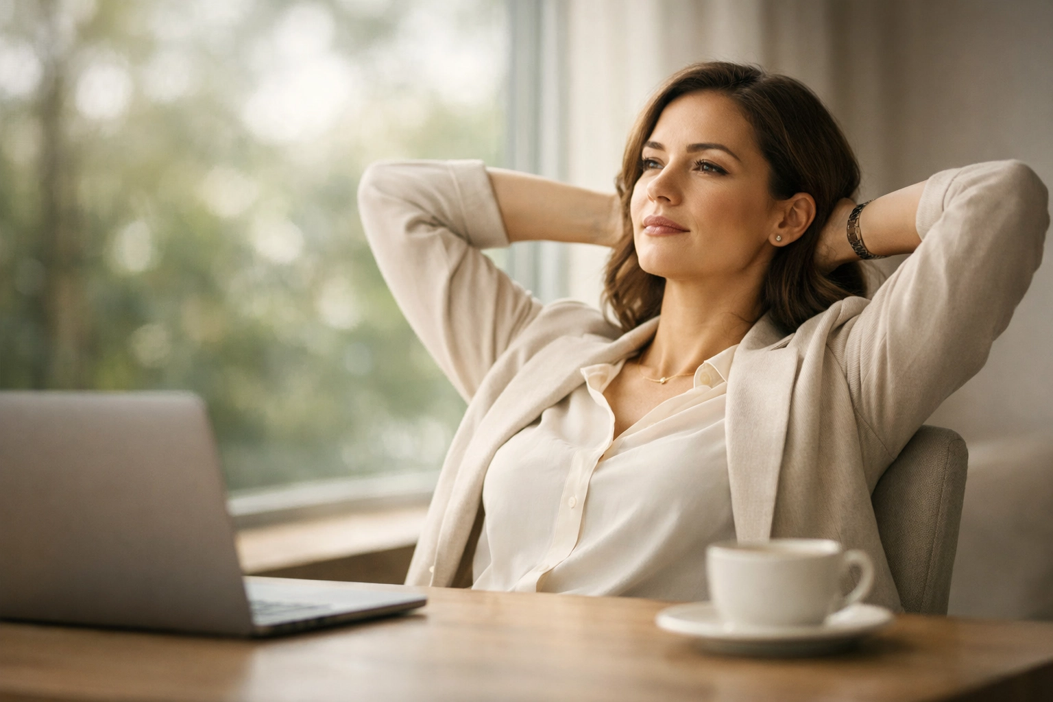 Professional woman strategically planning workload priorities at minimalist workspace