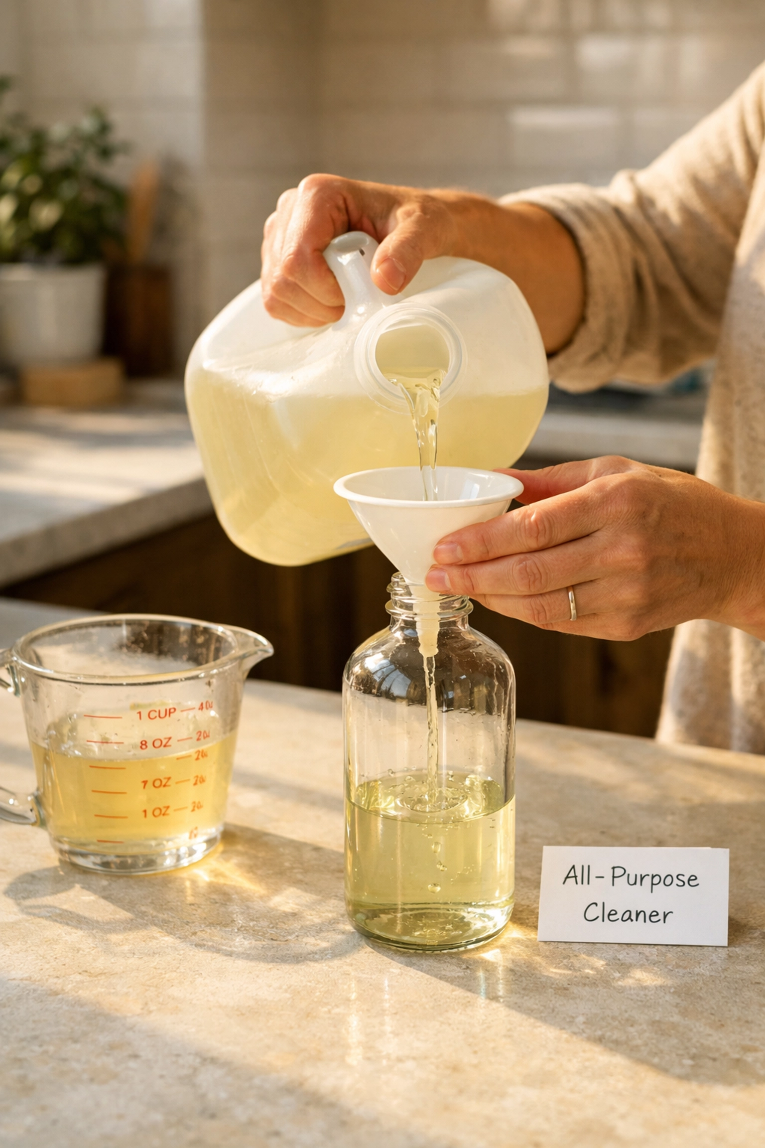 Pouring concentrated all-purpose cleaner from gallon jug into reusable spray bottle