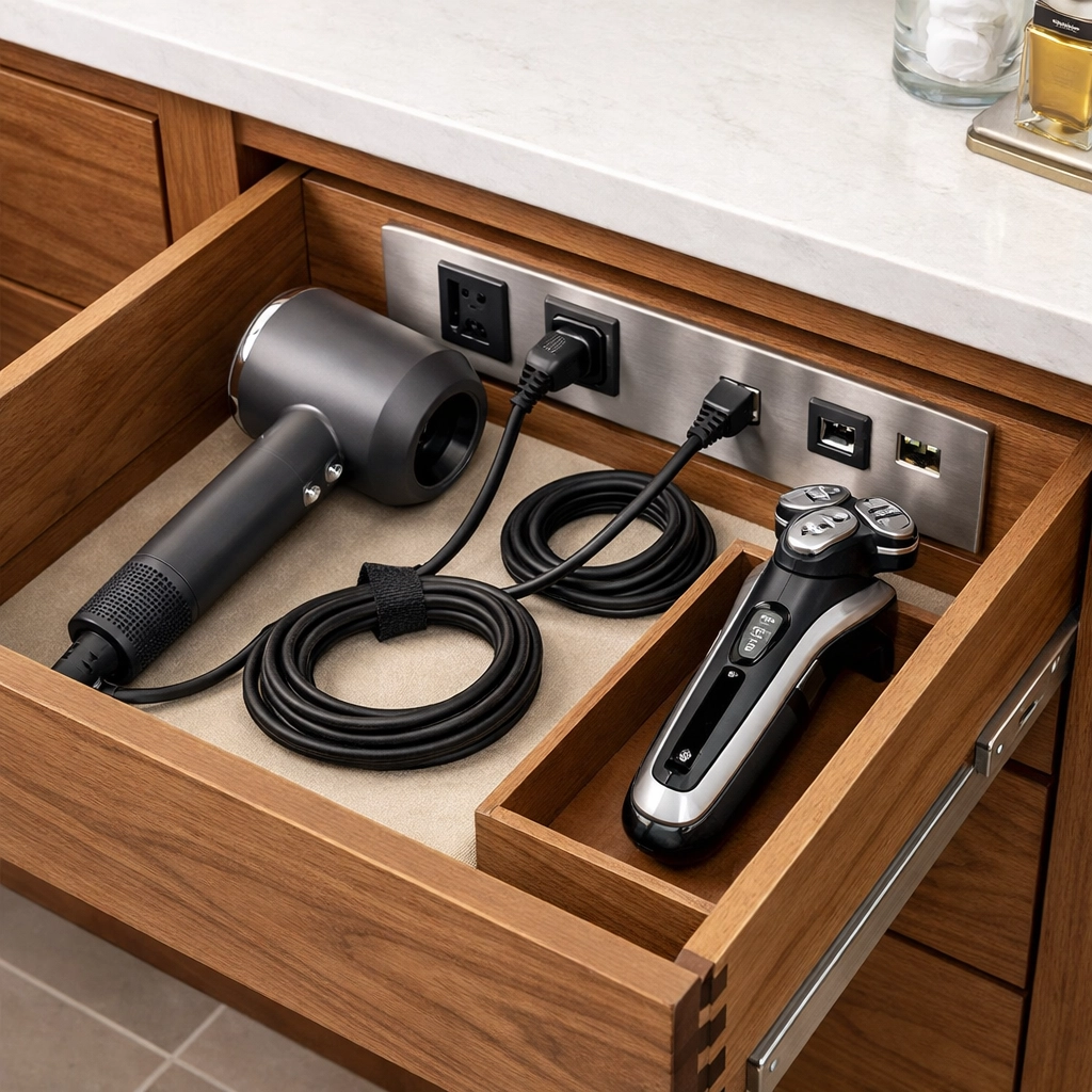 Custom bathroom vanity drawer featuring integrated power outlets for hidden cord storage.