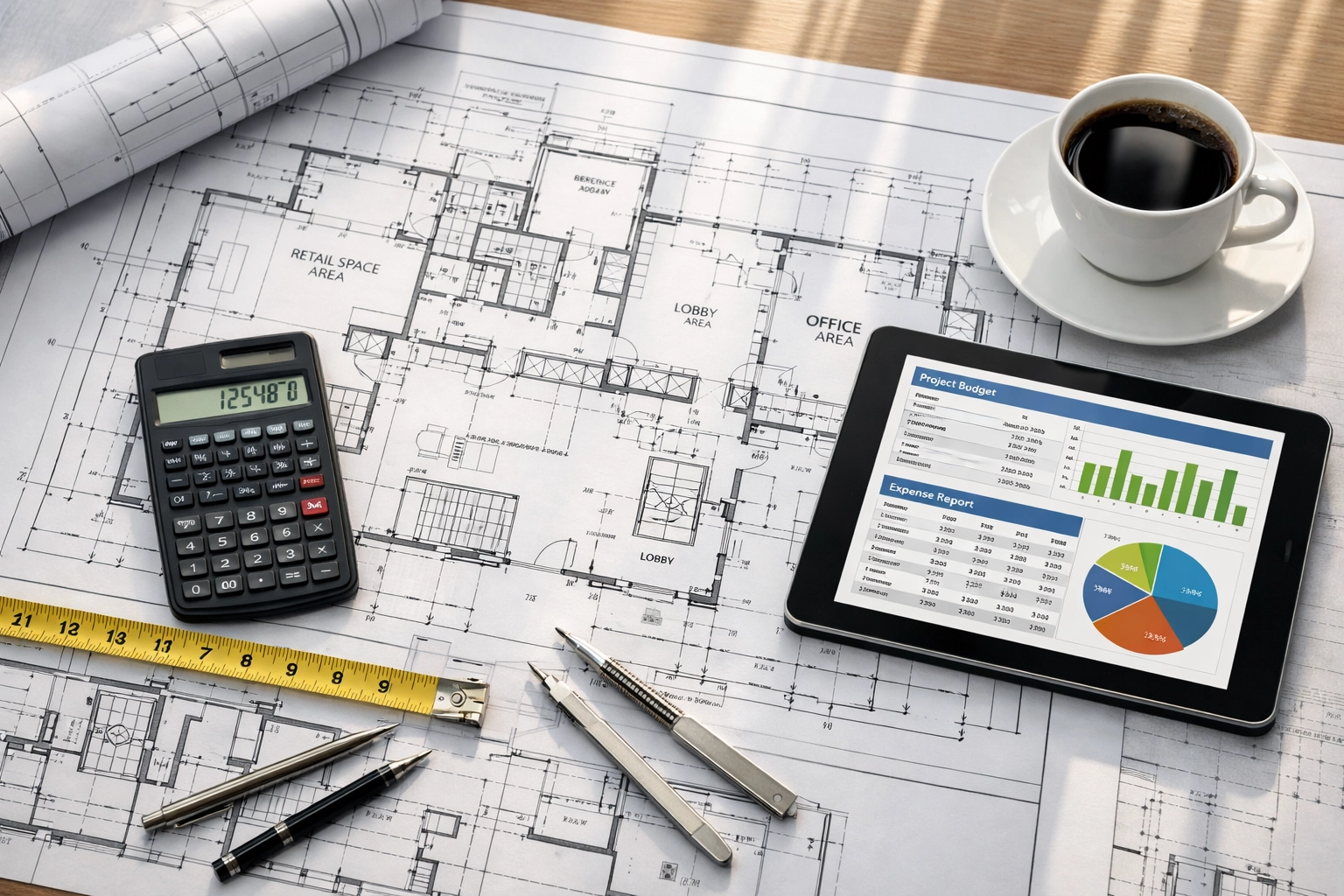 Commercial development blueprints and financial planning documents on architect's desk