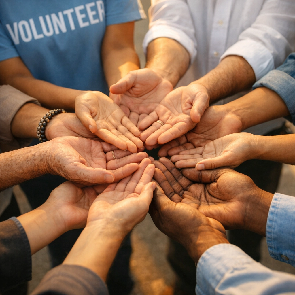 Diverse hands joining together symbolizing nonprofit partnership and collaborative fundraising unity