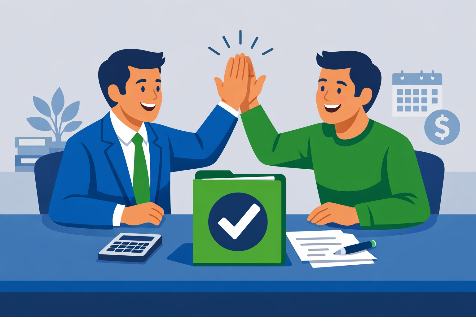 Professional tax advisor and client confirming a completed tax return for financial peace of mind.