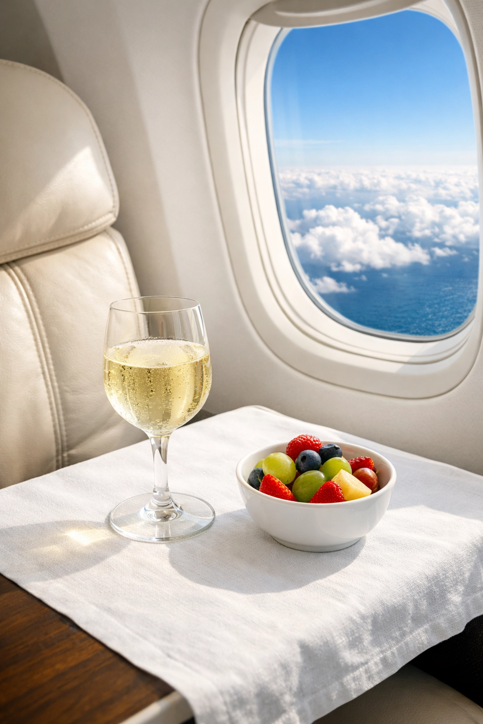 Luxury airplane cabin service with wine and fruit, emphasizing high-value travel over budget airline stress.