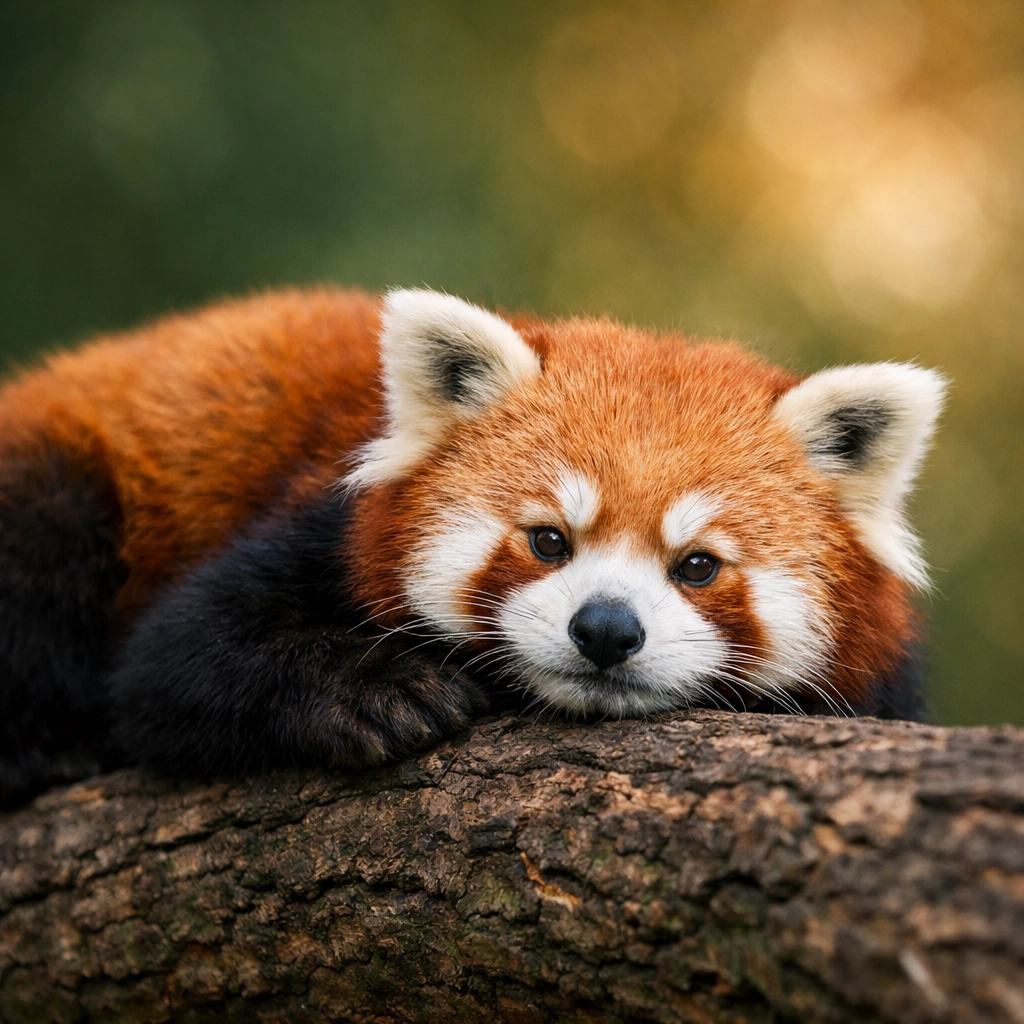 Red panda on a tree branch with a blurred green background to isolate the animal subject.