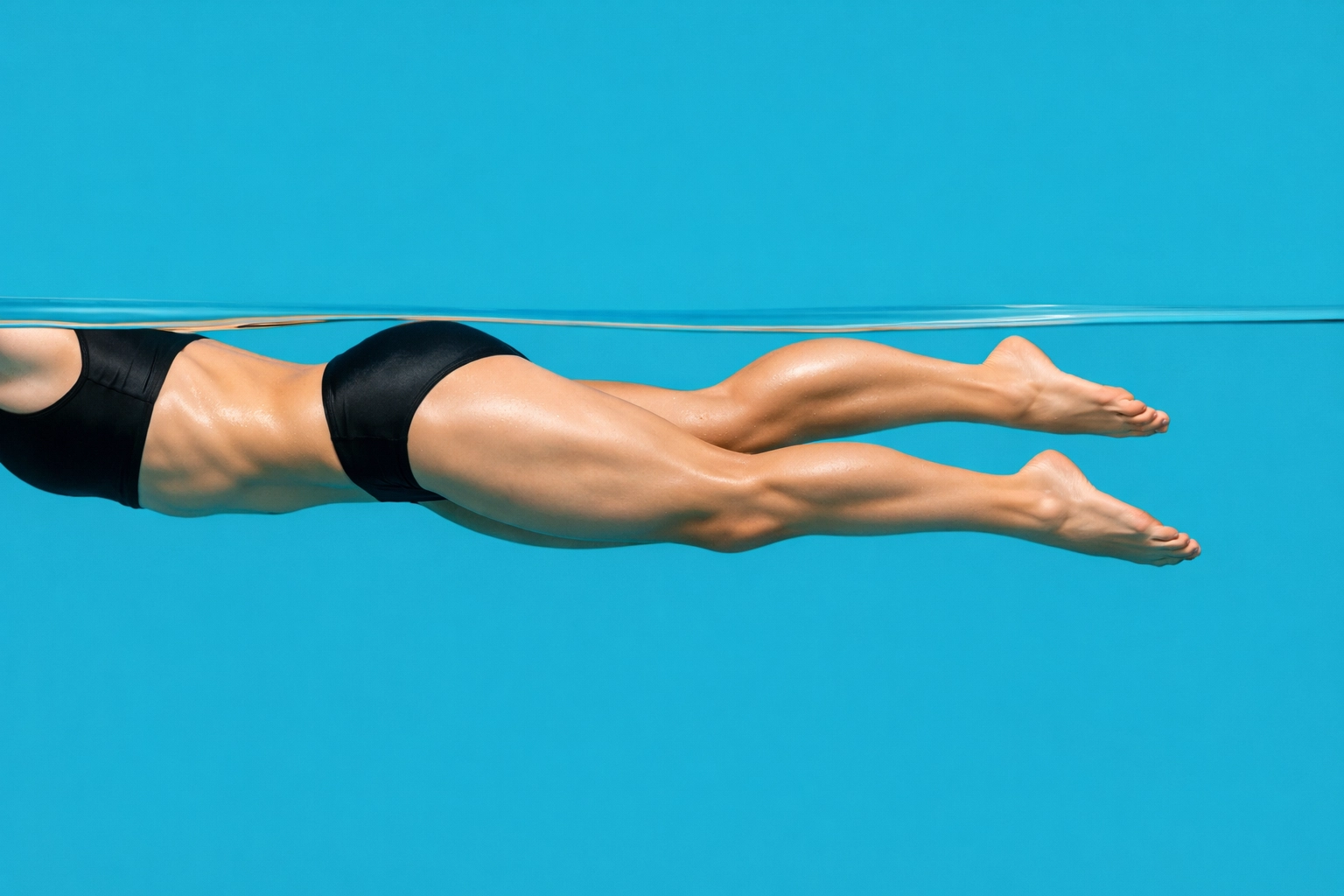 Side view of a swimmer performing a dolphin kick with fluid body undulation for underwater power.