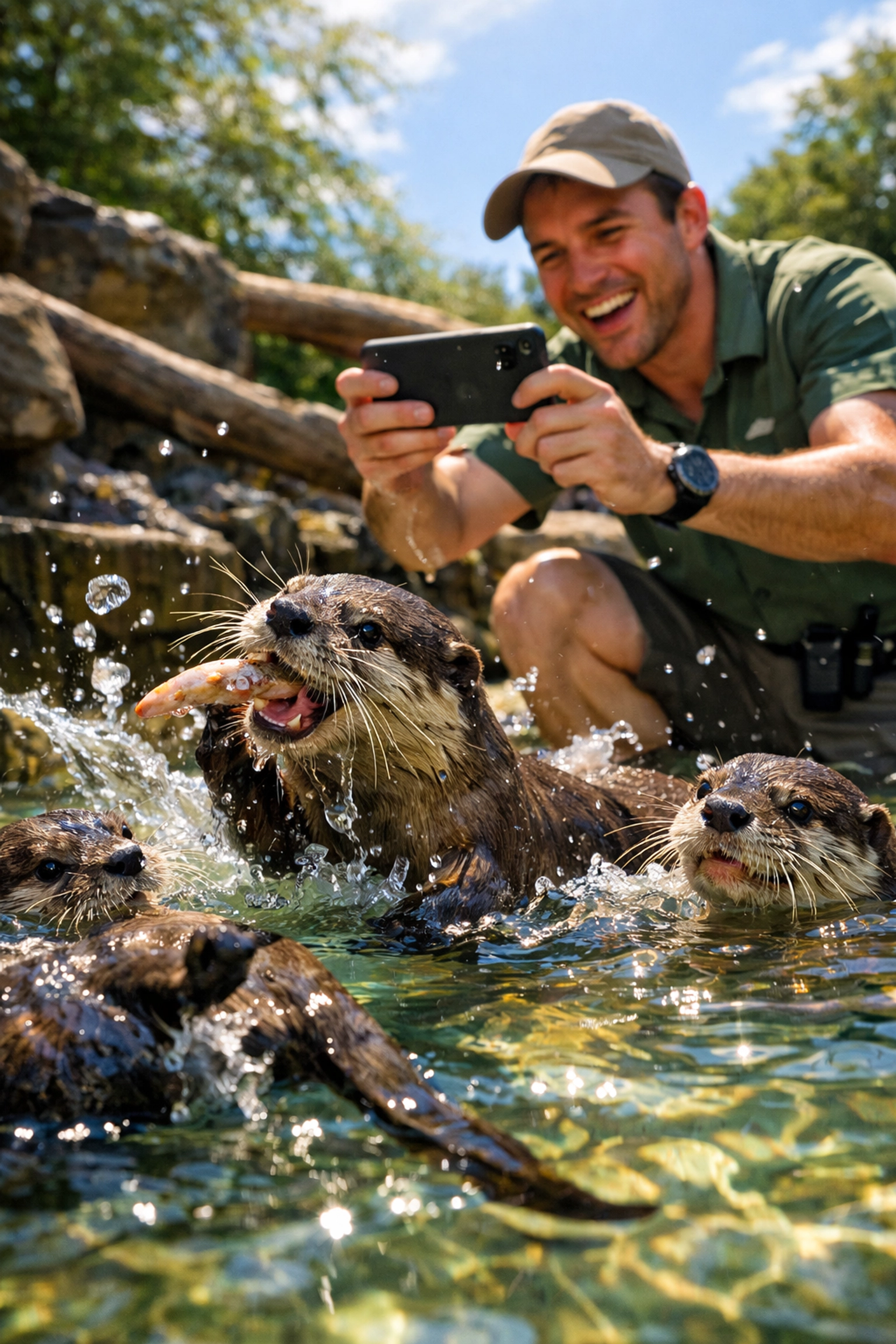 Zoo keeper filming otter feeding with smartphone for behind-the-scenes social media content