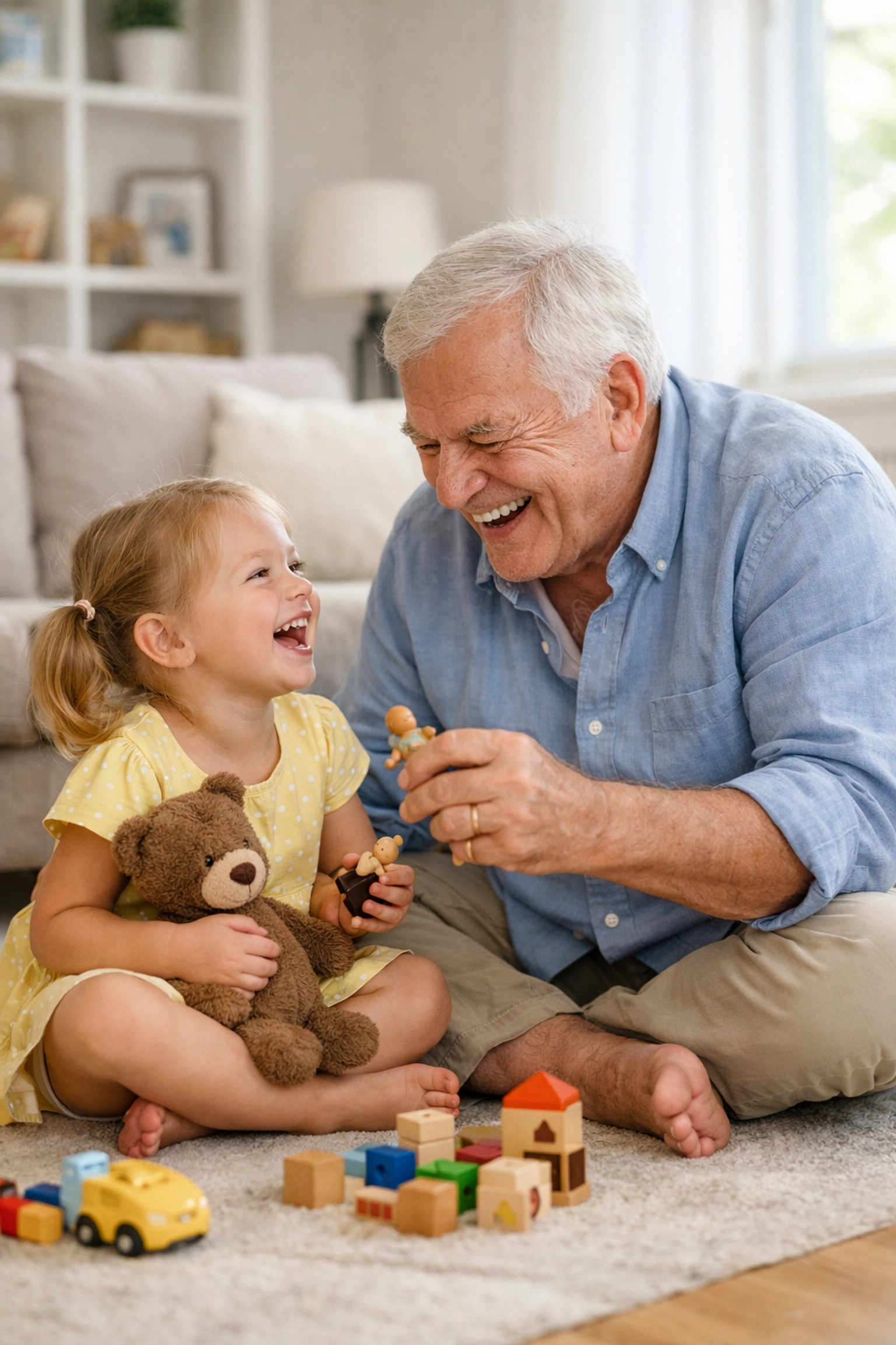 Happy grandfather playing with his granddaughter, enjoying life free from neuropathy burning and tingling.