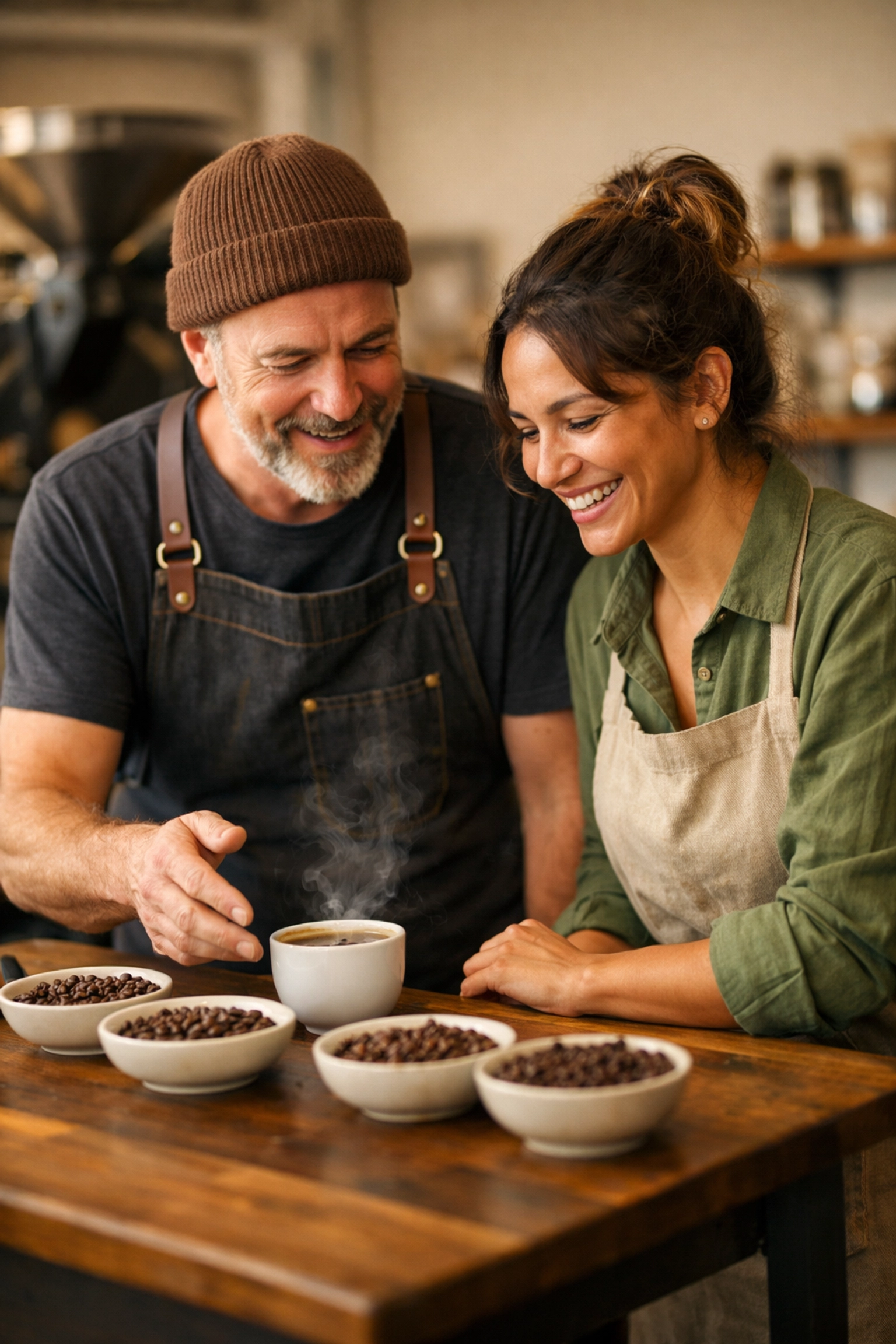 Wholesale coffee supplier and cafe owner discussing bean quality during a training and tasting session.