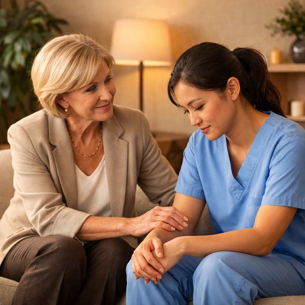 An empathetic manager providing mentorship and support to an employee in a human-first healthcare workplace.