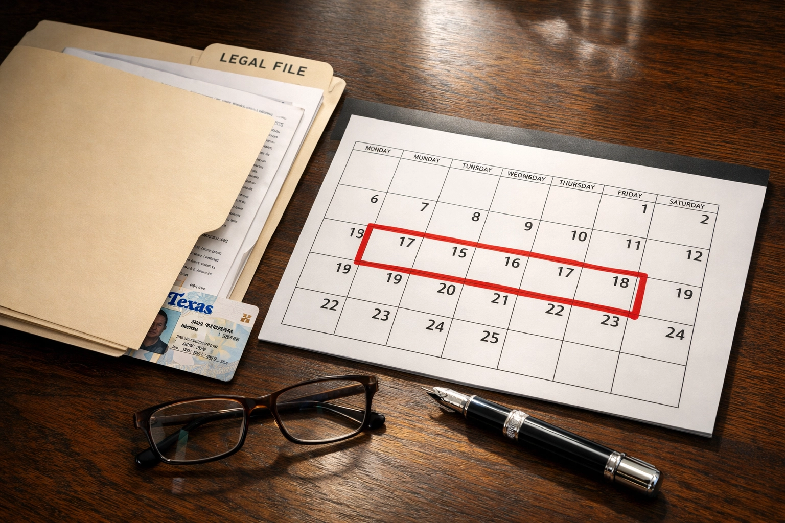 Desk with a Texas driver's license and a calendar marking the critical 15-day ALR hearing deadline.