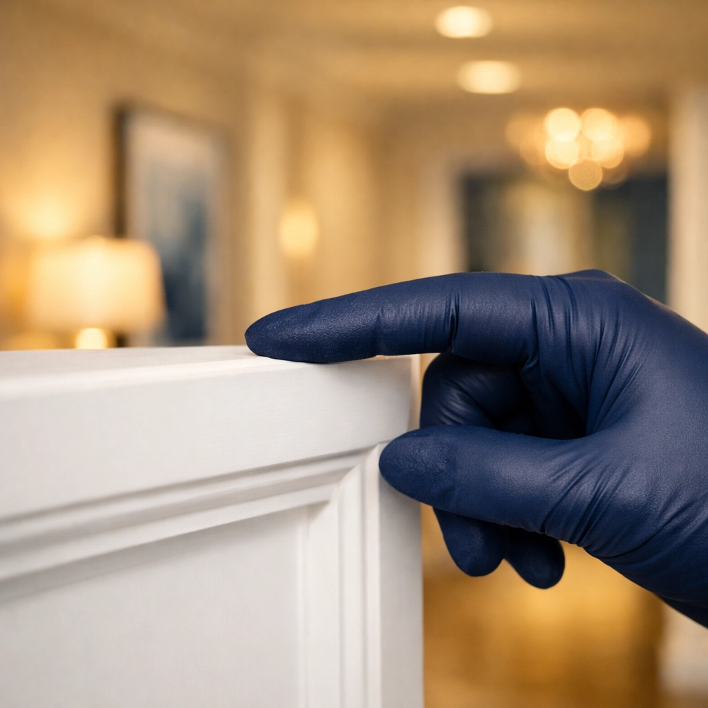 Professional cleaner performing a white glove inspection on a spotless door frame to ensure high-quality cleaning results.