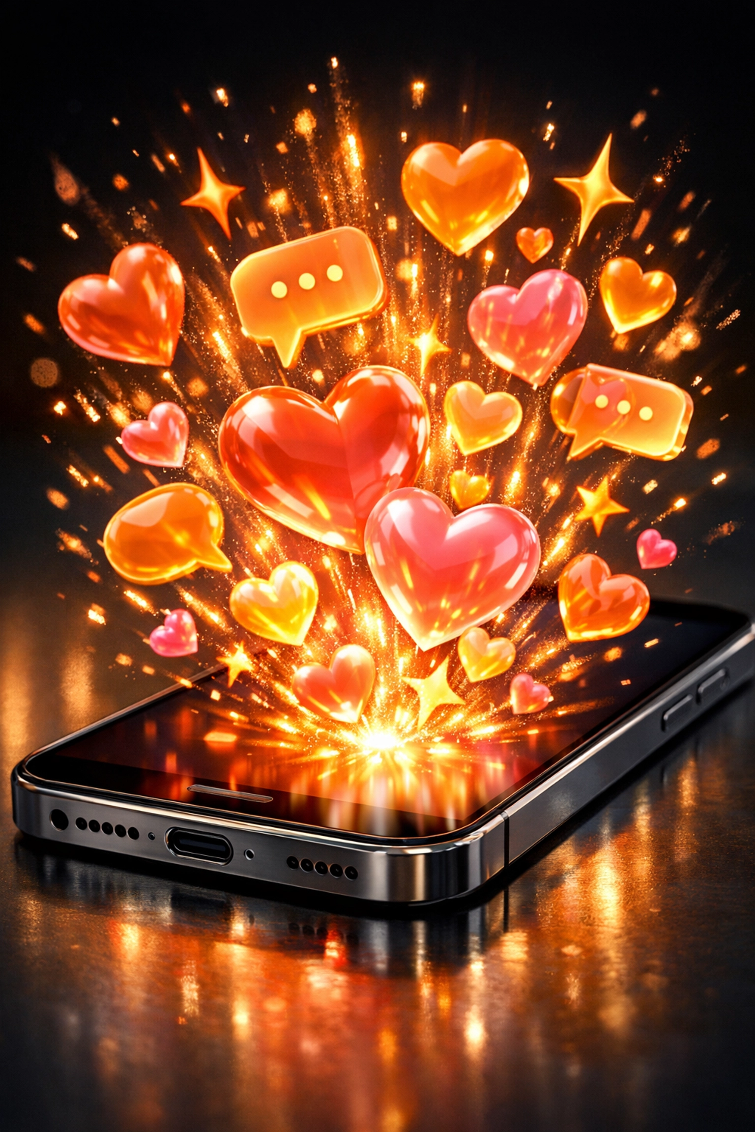 A smartphone emitting a burst of hearts and chat bubbles to represent high engagement velocity and positive social signals.