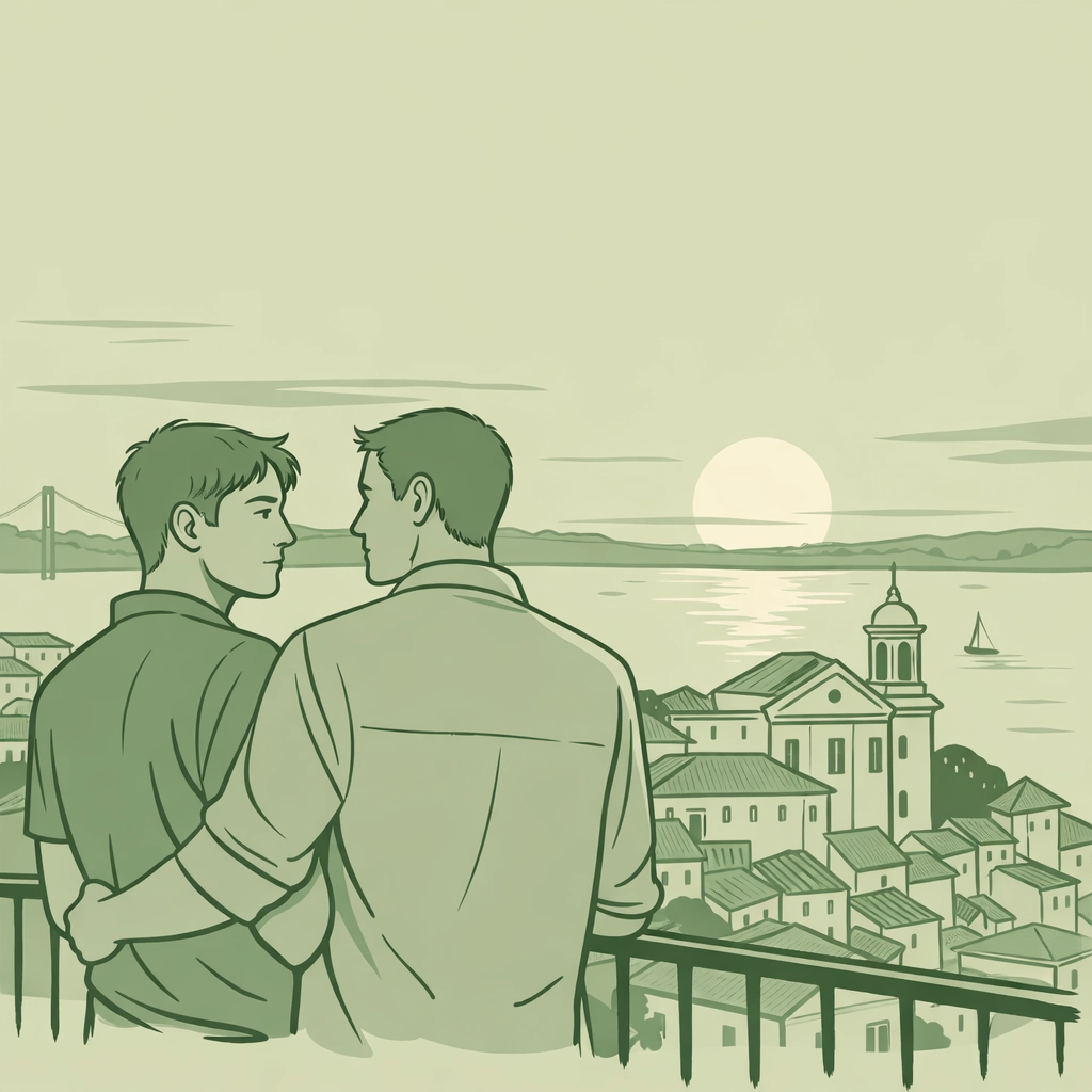 MM romance in Lisbon: two men share intimate moment on balcony overlooking Alfama district
