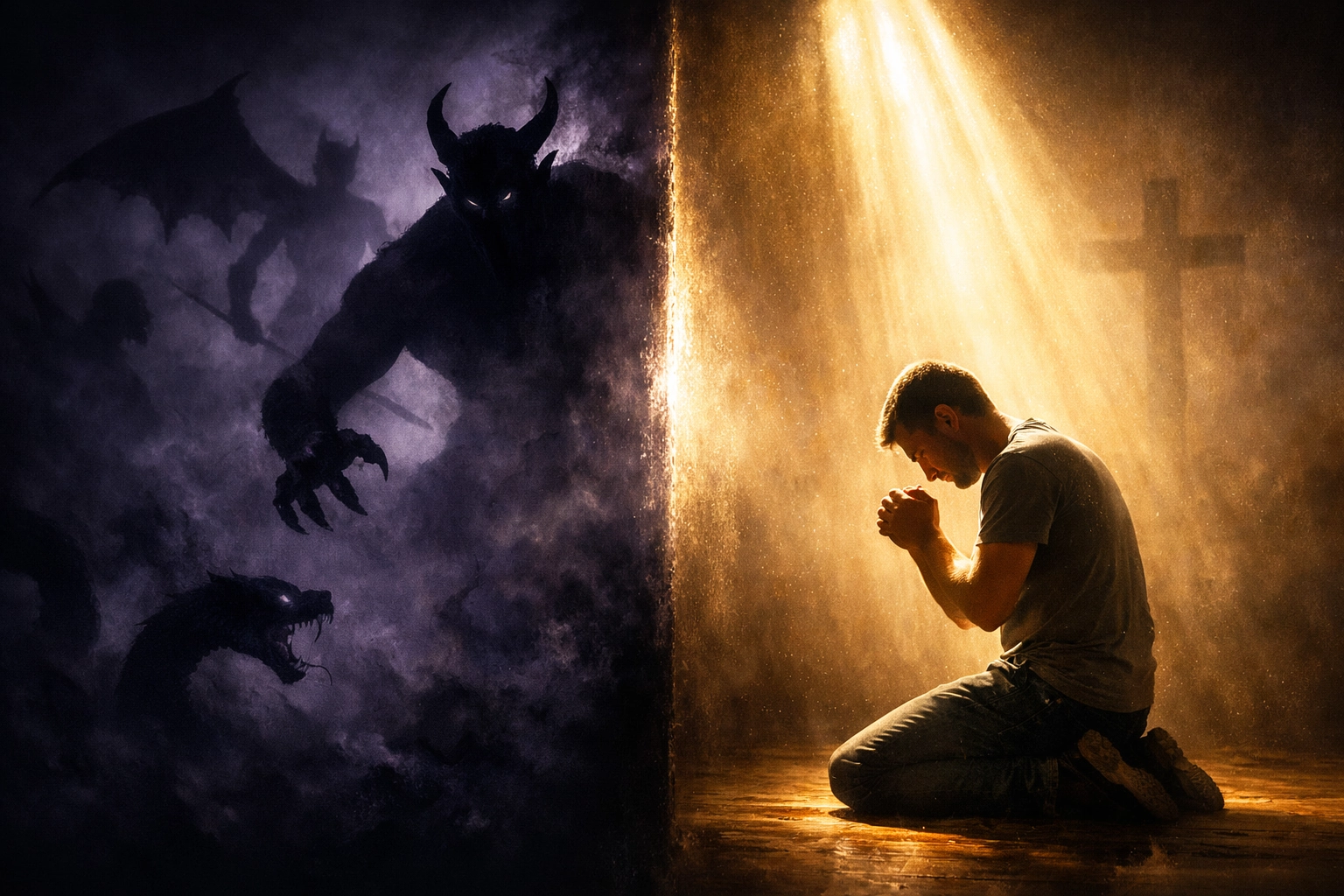 Person praying in divine light overcoming spiritual darkness and warfare