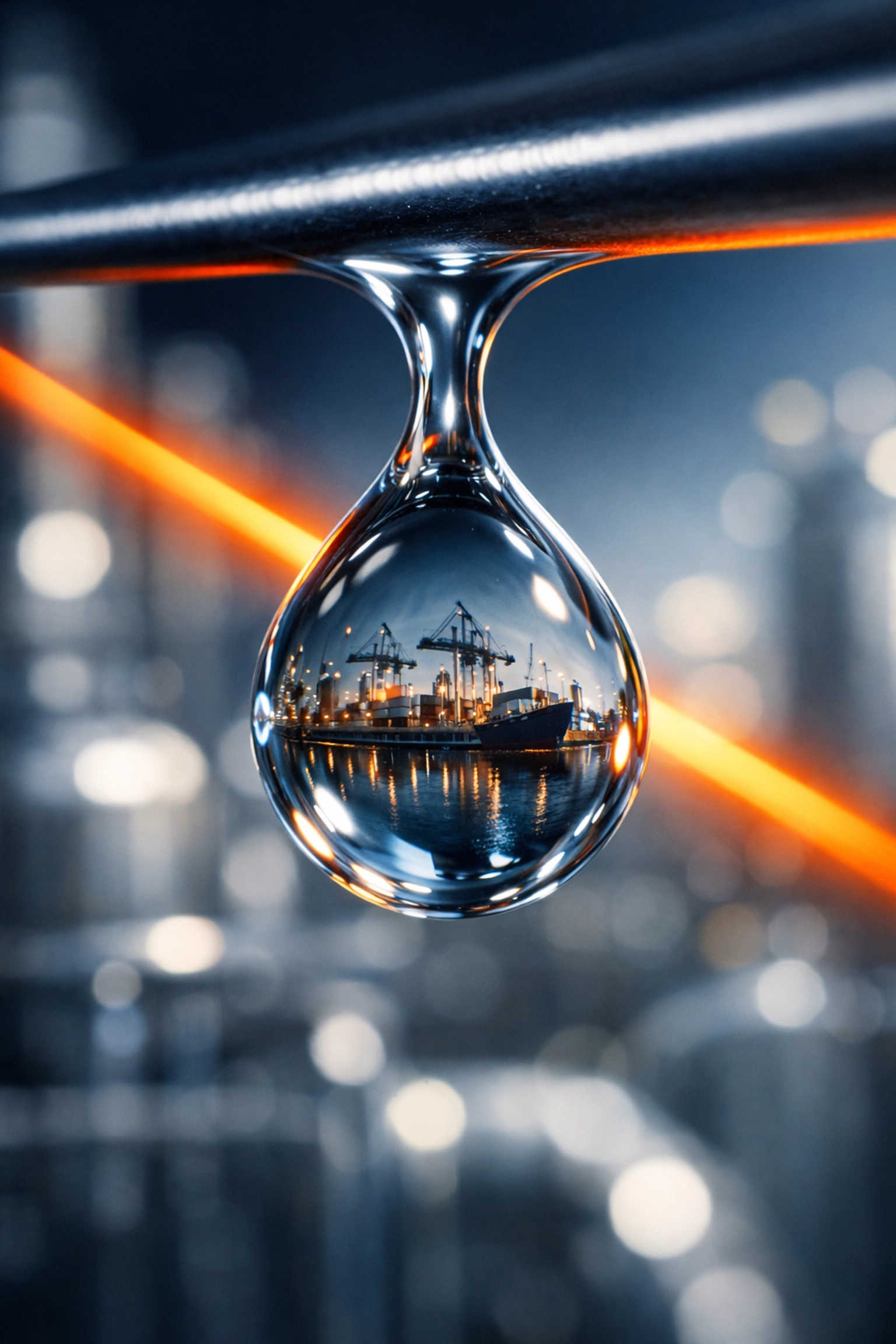 Industrial chemical droplet reflecting a shipping port, illustrating raw material supply chains.