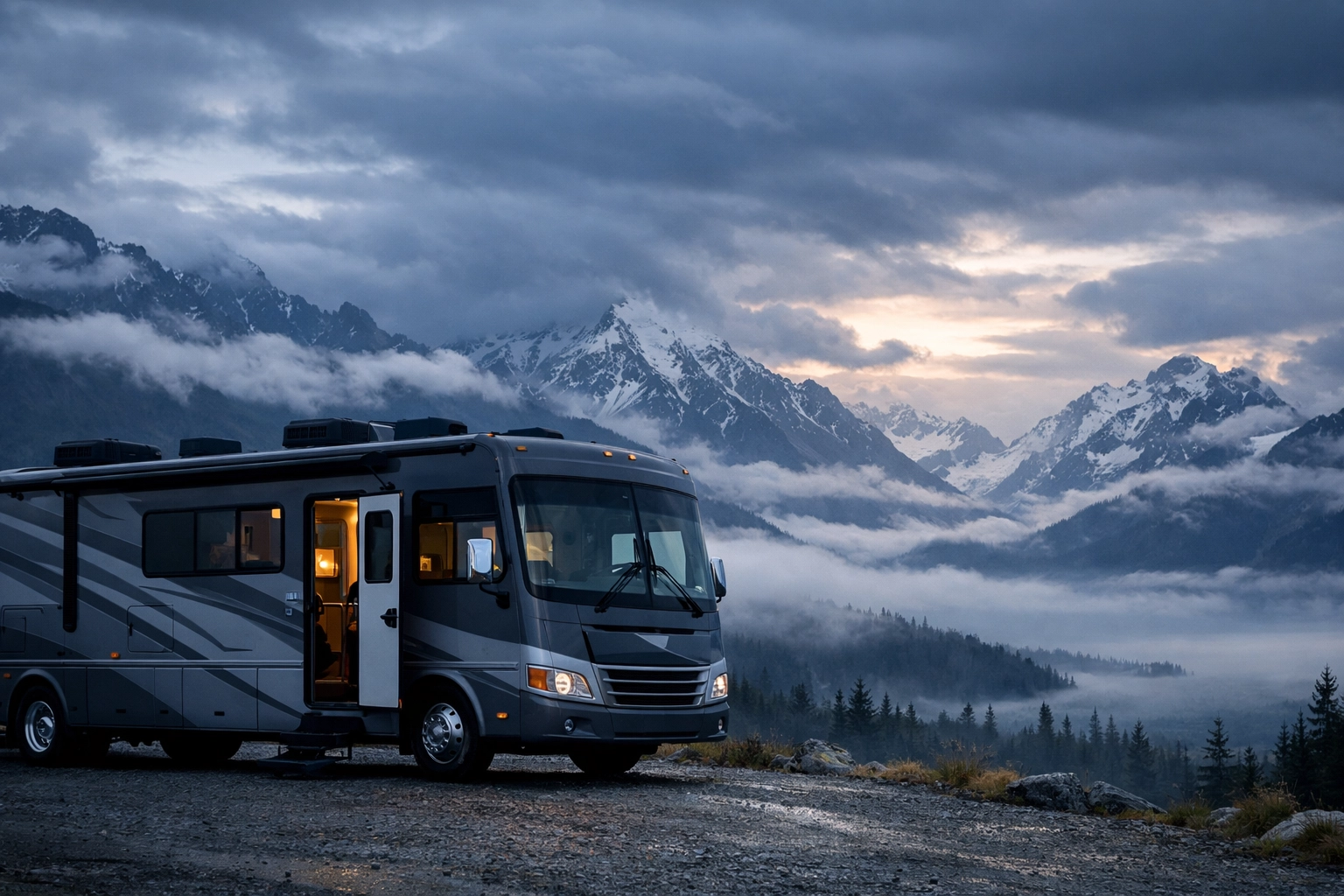 Class A motorhome parked at Alaskan mountain overlook highlighting RV insurance considerations